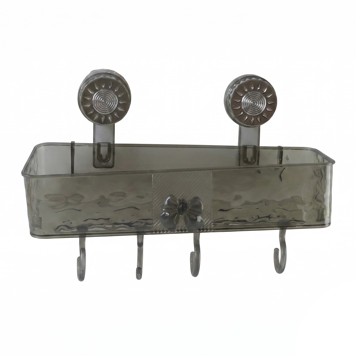 A clear grey plastic caddy with four hooks is mounted on a white background, showcasing its design and functionality.