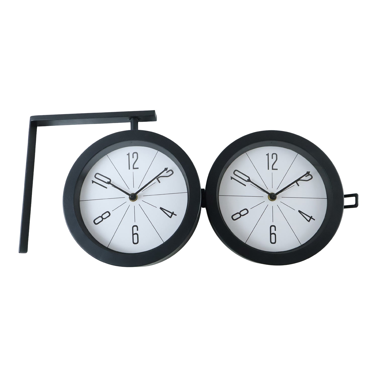 The black double-sided clock is shown disassembled on a white background, with the clock face open to reveal both sides and