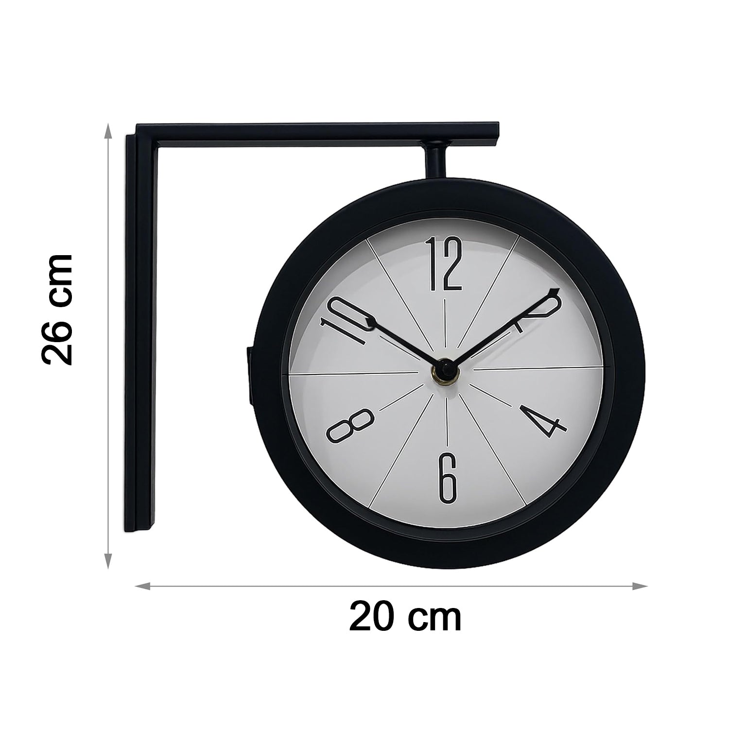A black double-sided clock with a white face and black numbers is shown on a white background with dimensions indicating 26