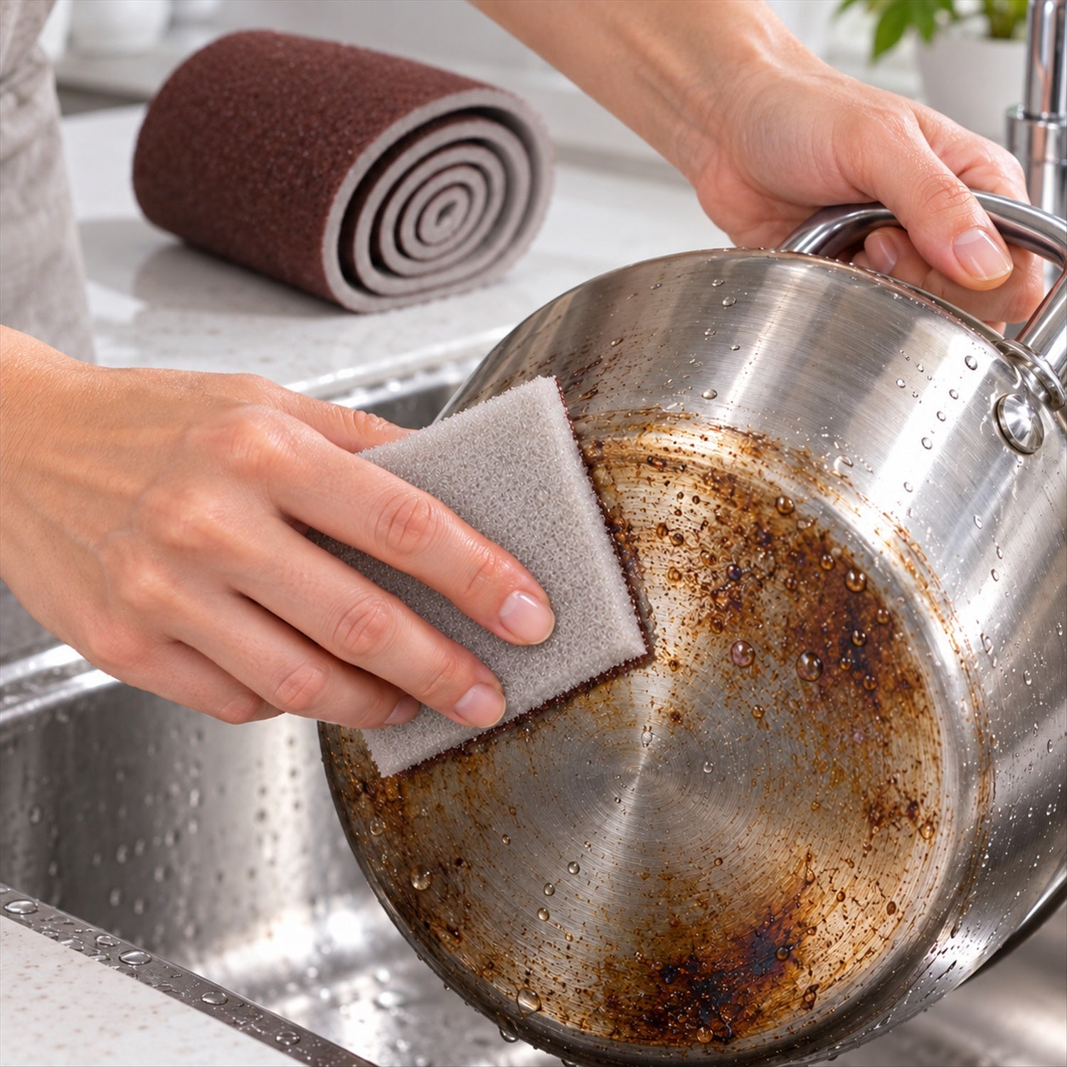 Hands scrubbing a dirty metal pot with a small gray and brown abrasive sponge in a kitchen sink.