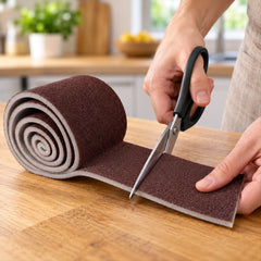 Hands cutting a piece from a long roll of brown abrasive sponge with black-handled scissors on a wooden surface.