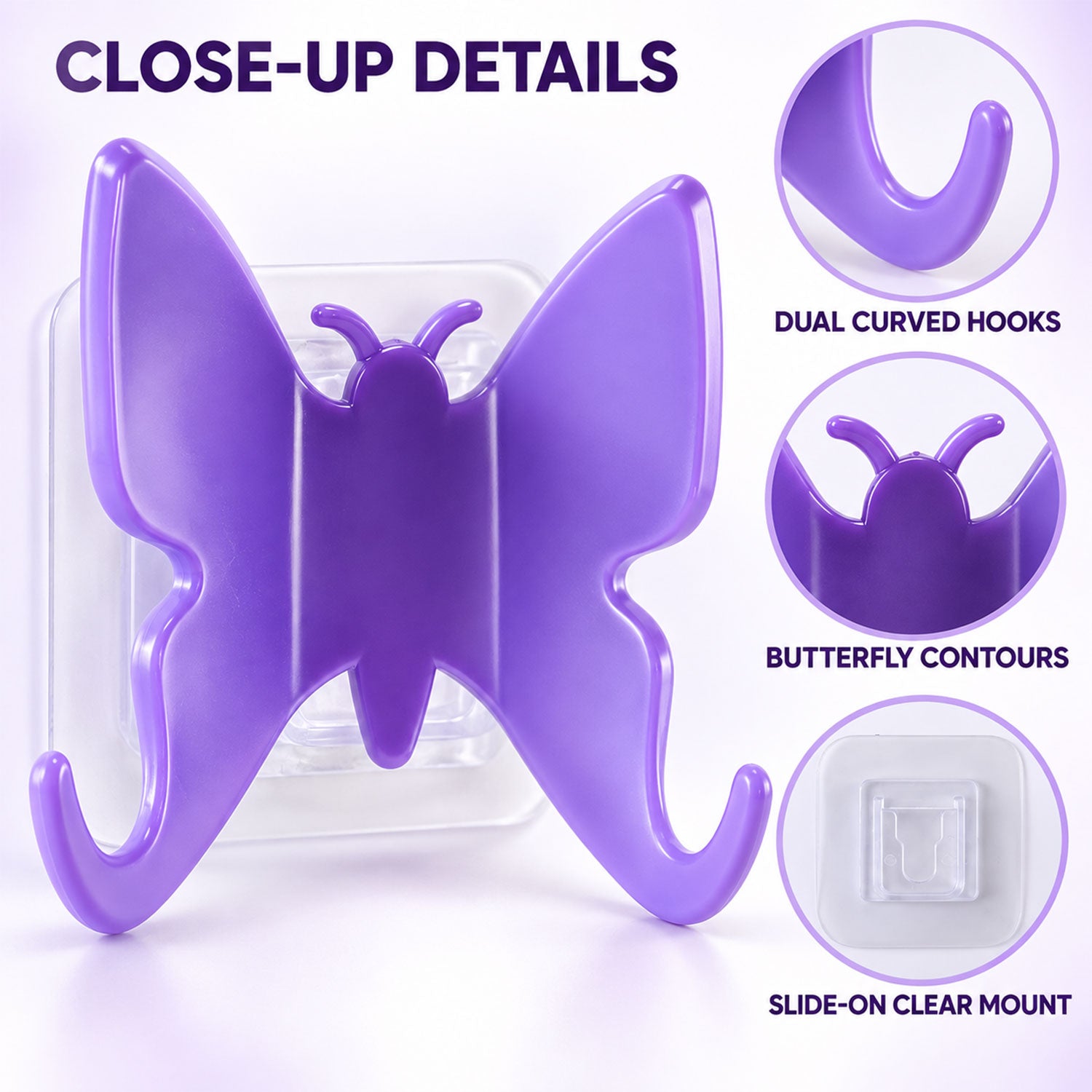 Close-up details of a purple butterfly hook, showing dual curved hooks, butterfly contours, and a clear slide-on mount.