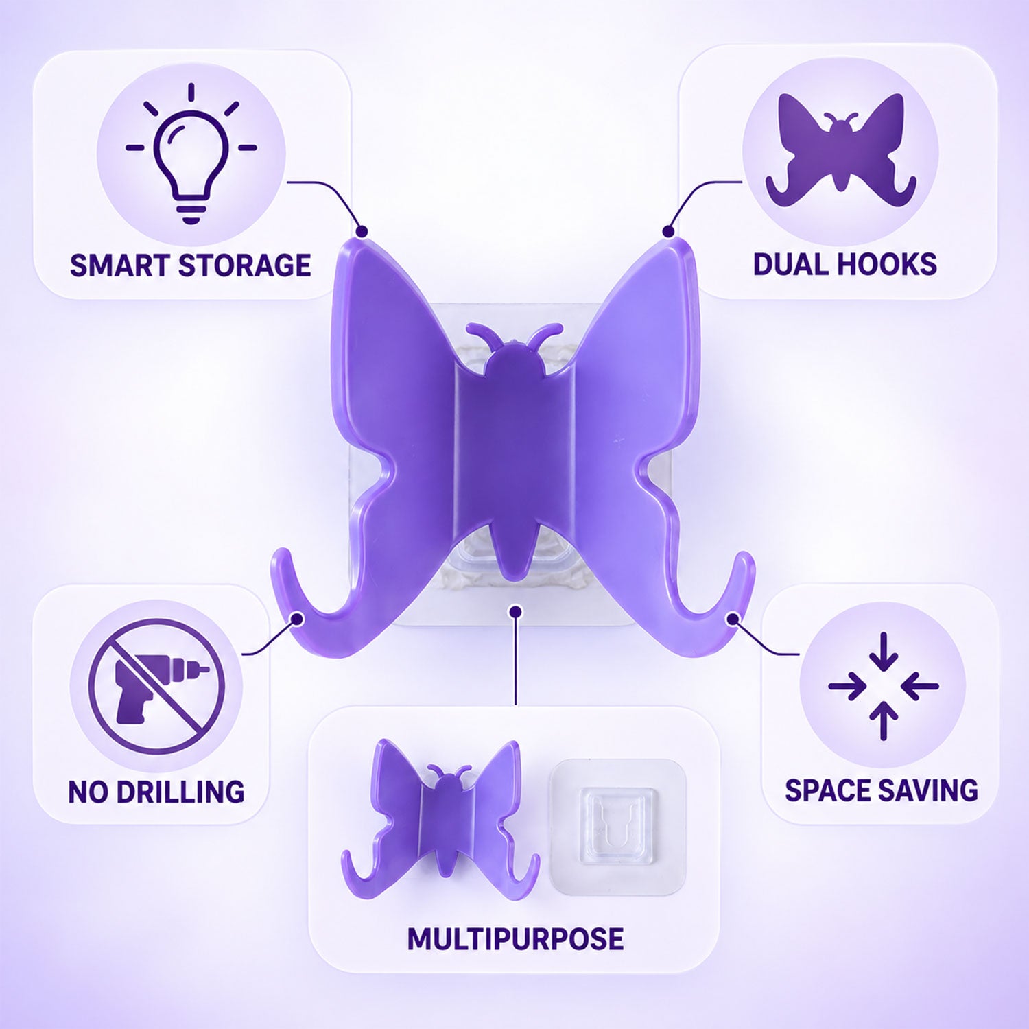A purple butterfly hook with surrounding icons highlighting features like smart storage, dual hooks, no drilling, and