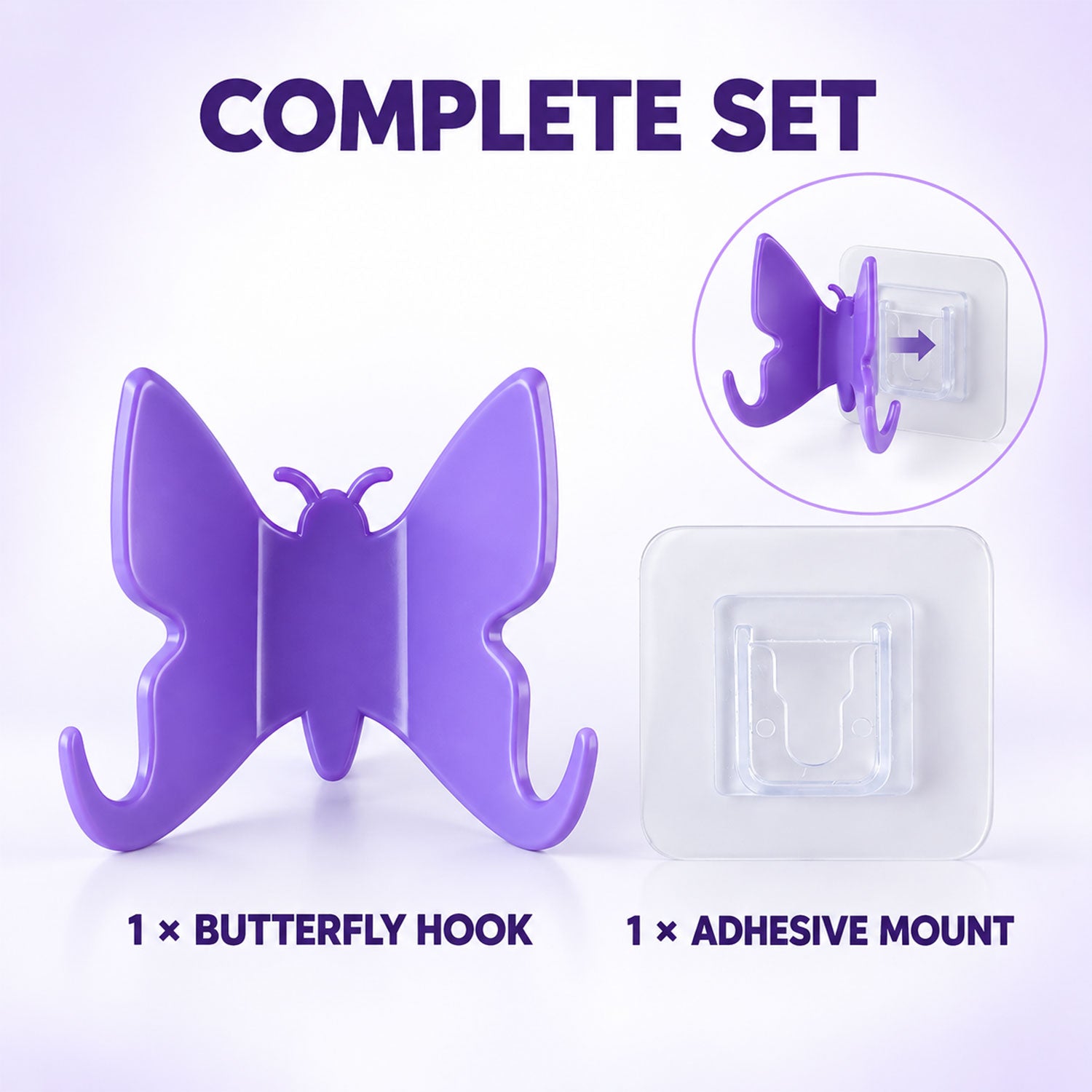 A complete set showing the purple butterfly hook and its clear adhesive mount separately.