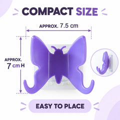 A purple butterfly hook with dimensions indicating it is approximately 7.5 cm wide and 7 cm high.