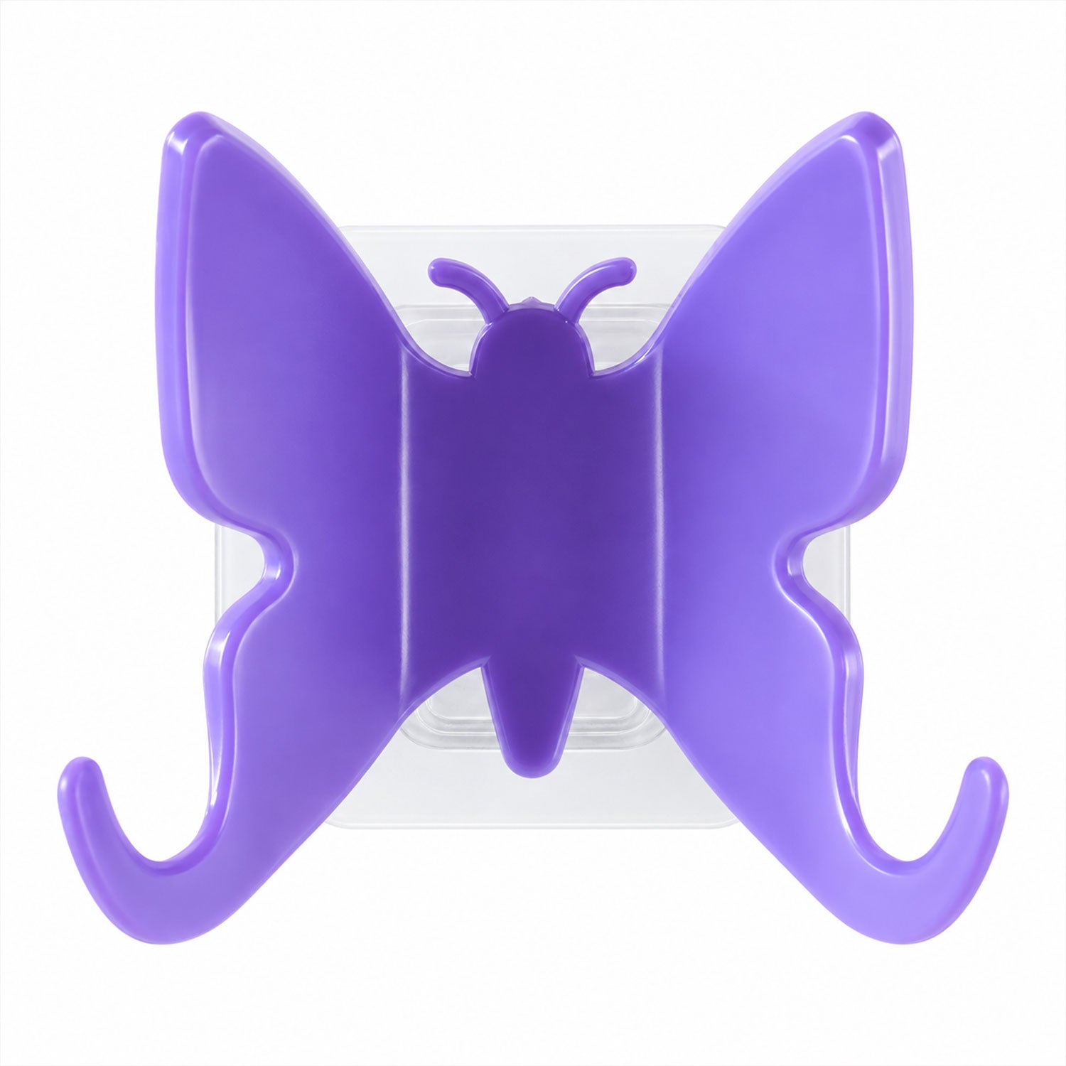 A single purple butterfly-shaped hook with two curved arms, mounted on a clear adhesive backing.