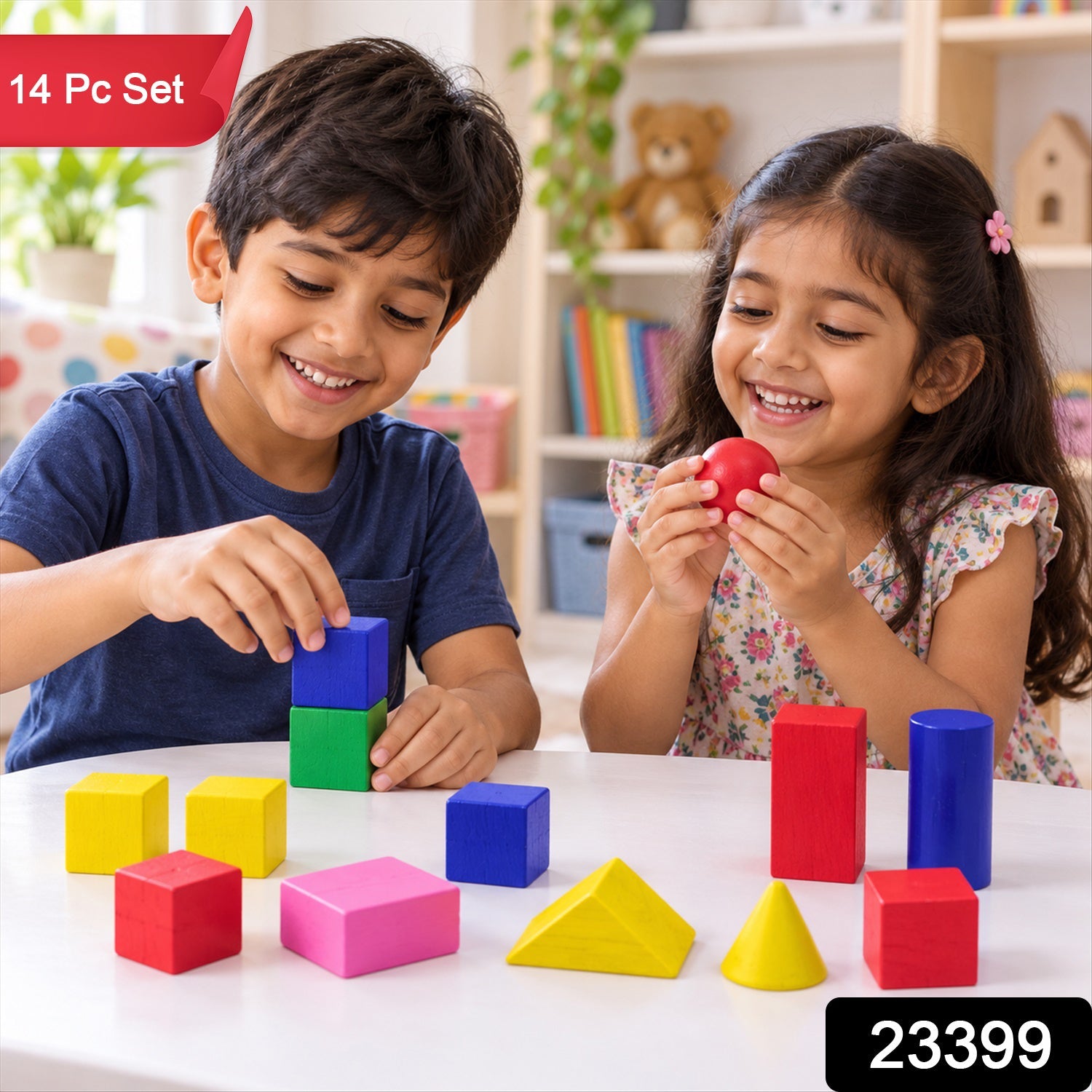 Two children joyfully interact with a 14-piece set of colorful wooden geometric blocks, stacking and holding shapes on a