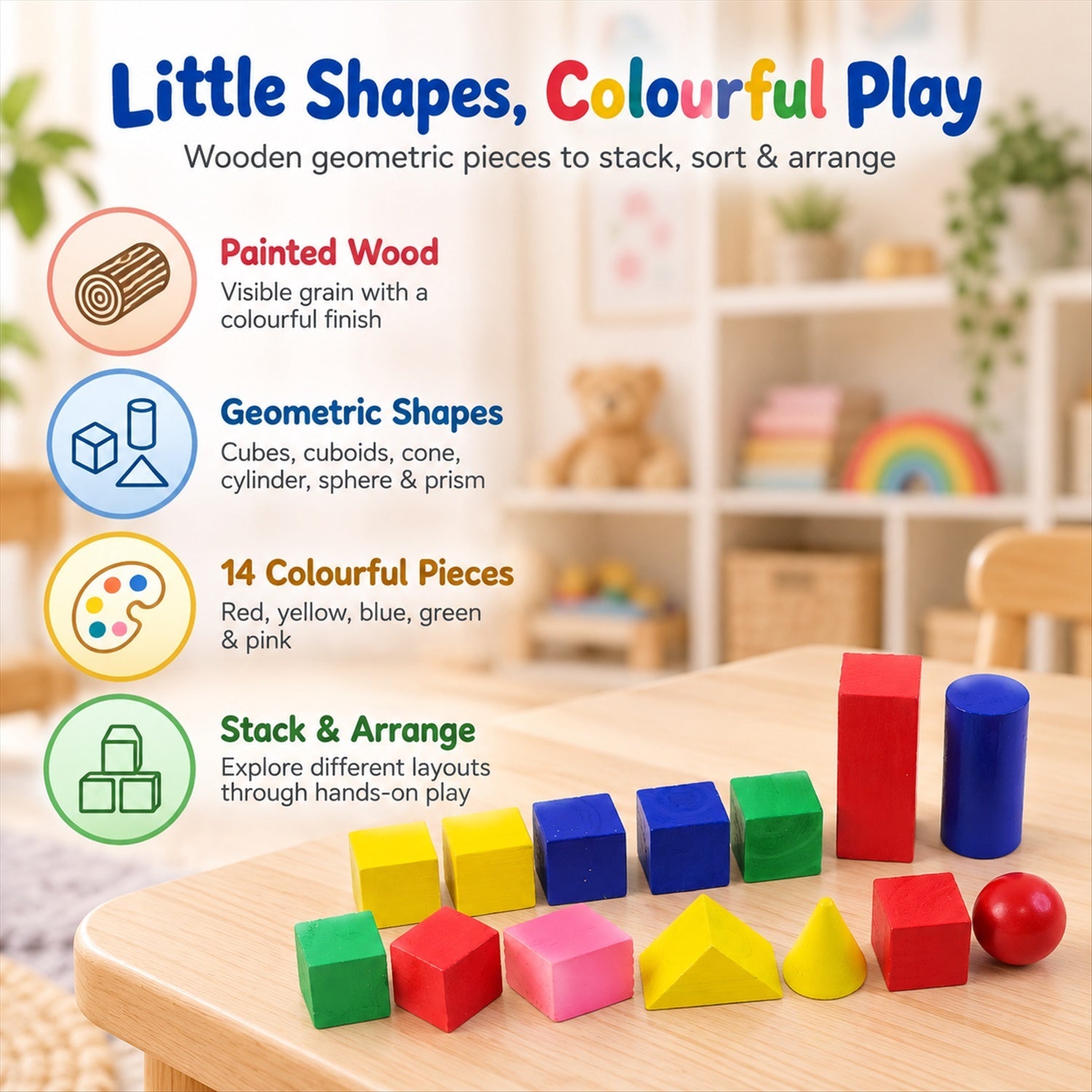 An infographic displaying features of the wooden geometric blocks, with text descriptions and illustrations, alongside the