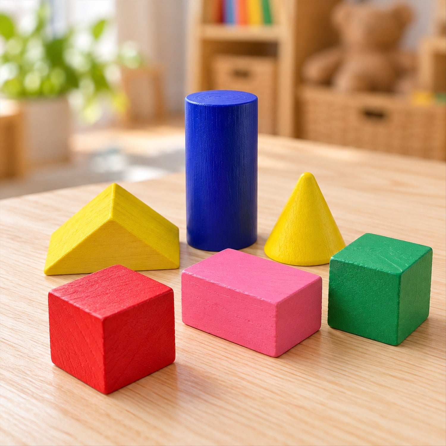 A close-up of six colorful wooden geometric blocks: a red cube, pink cuboid, green cube, yellow prism, yellow cone, and blue