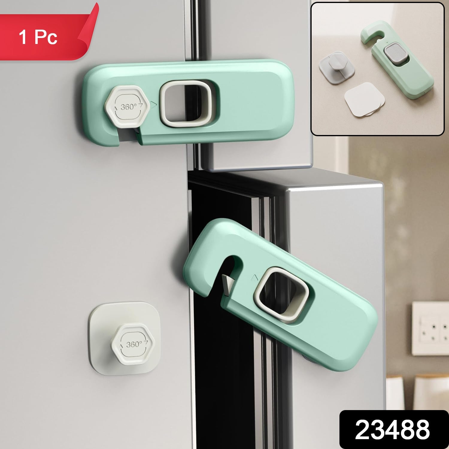 Adhesive child safety refrigerator lock with 1 piece label and SKU 23488