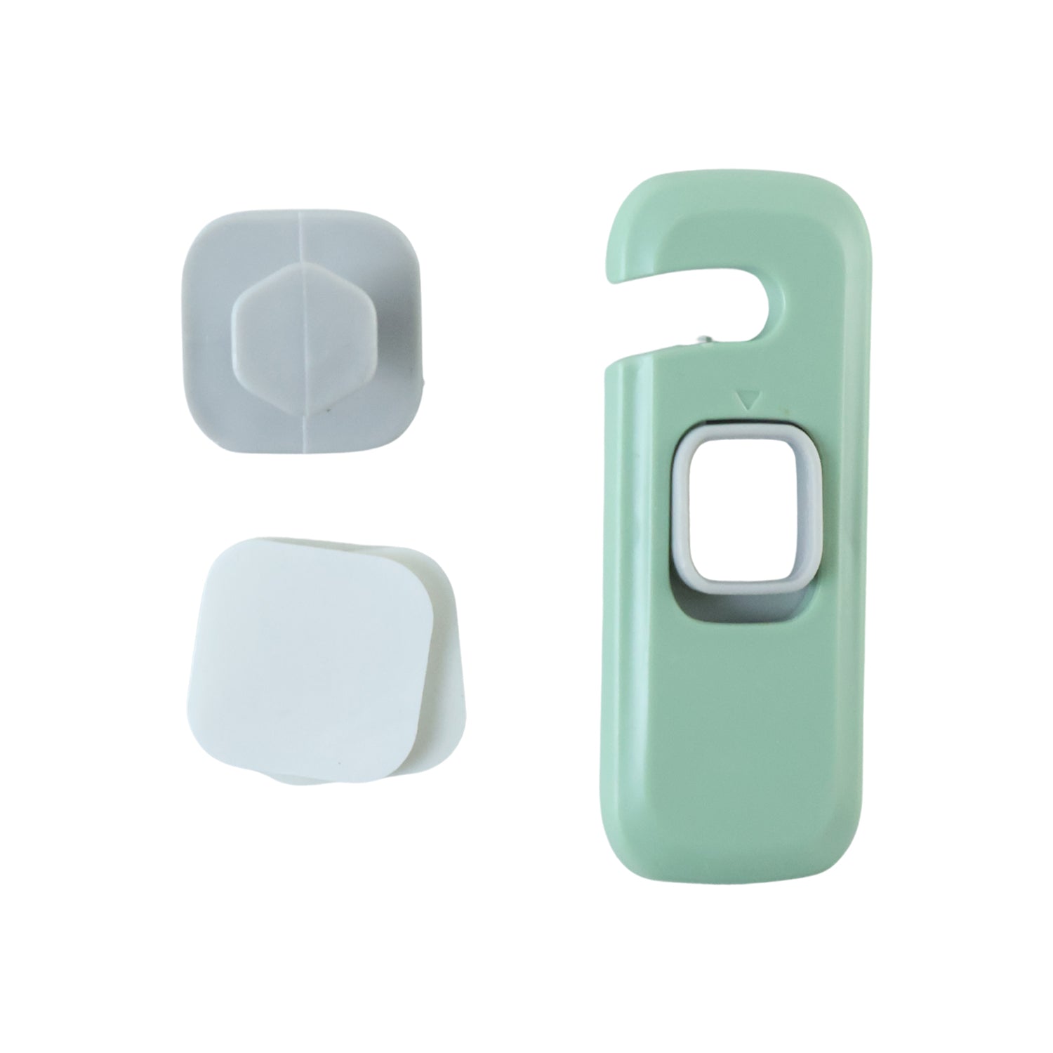 Adhesive child safety refrigerator lock parts on white background