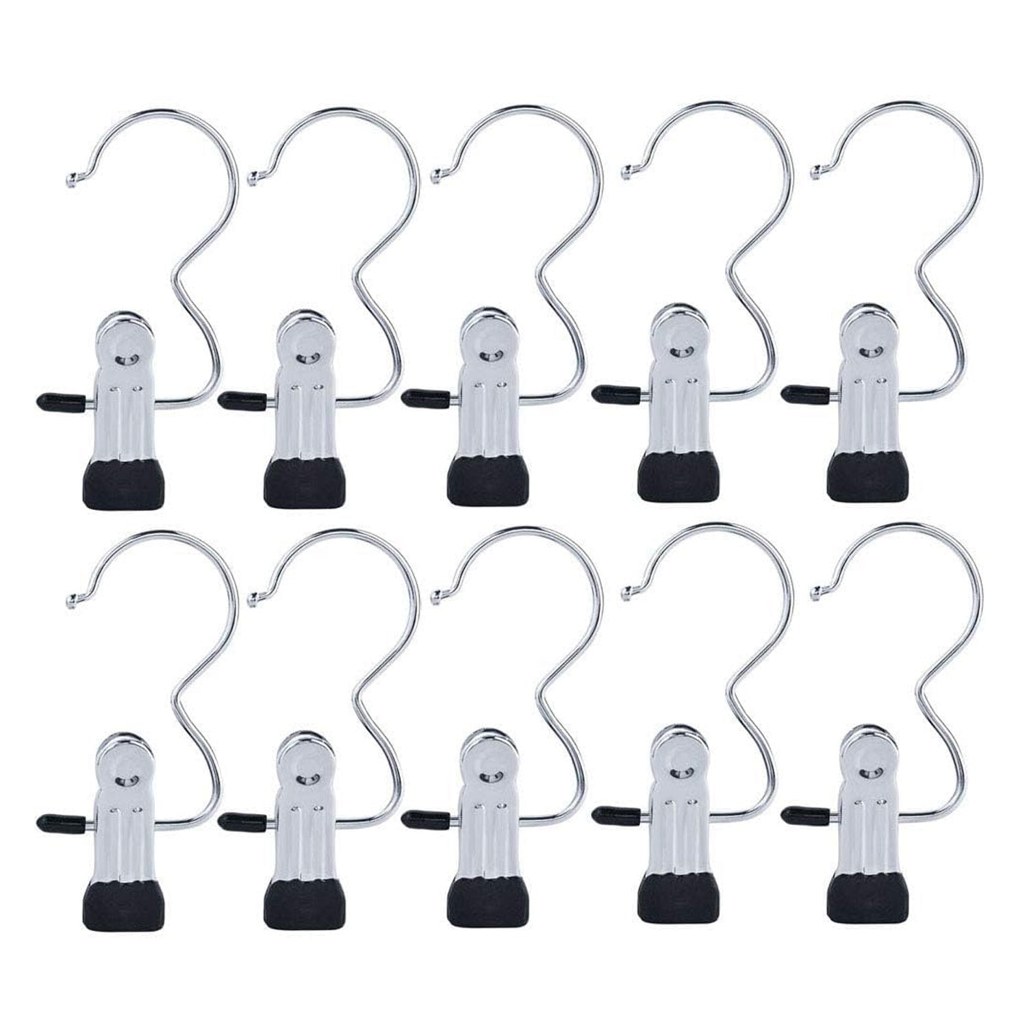 Ten shiny silver metal clip hangers with black rubber tips and S-shaped hooks are arranged in two rows on a white background.