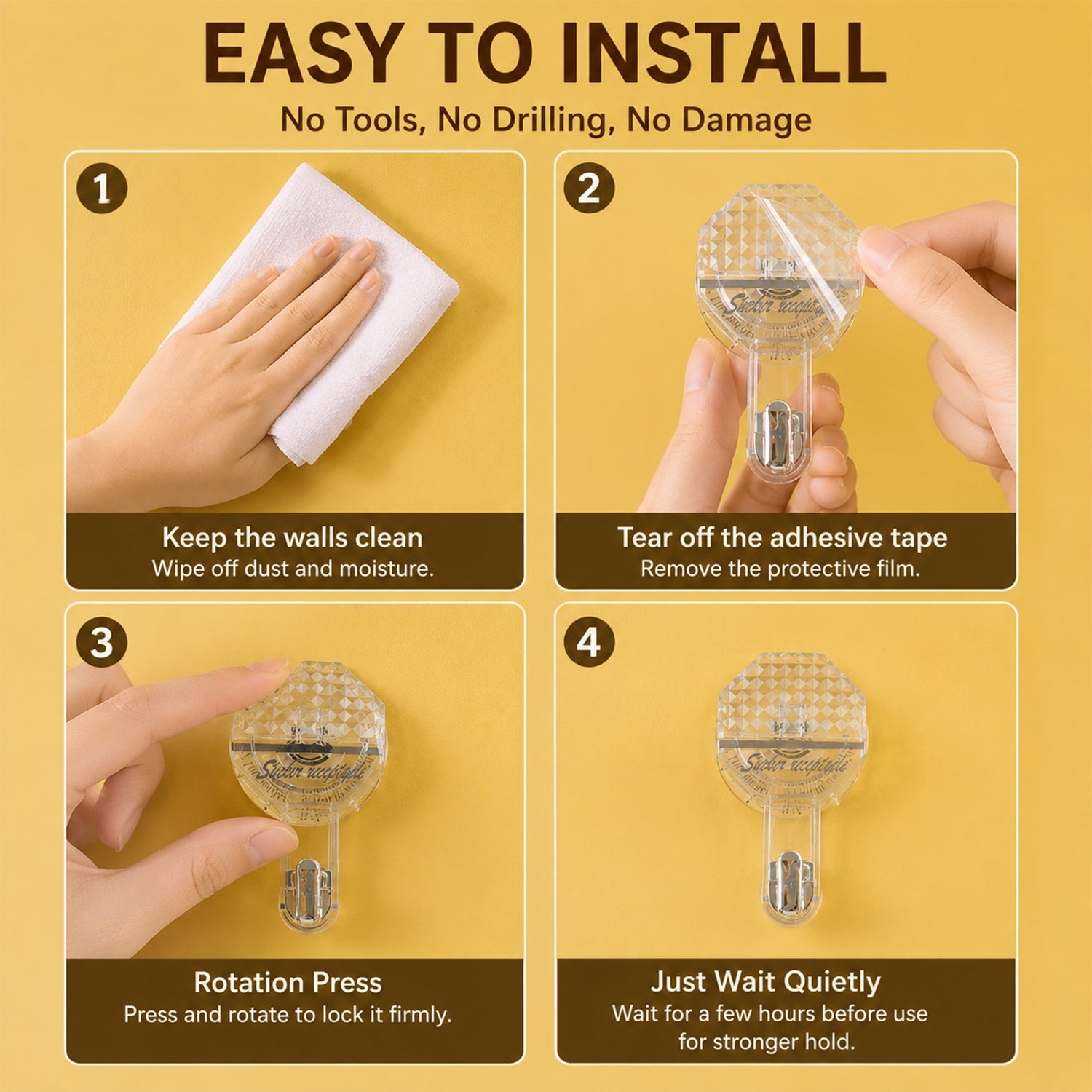 A four-step instruction guide on a yellow background shows how to install the clear self-adhesive hook.