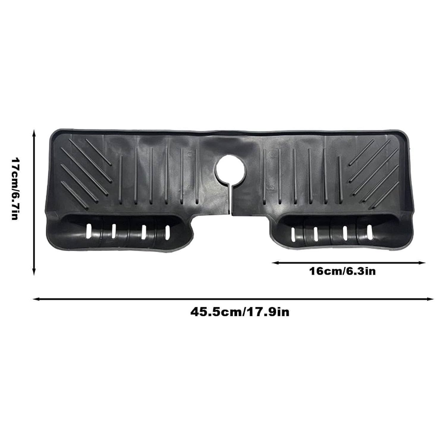 A black silicone faucet splash guard with drainage grooves and two side compartments, displayed with white text showing its