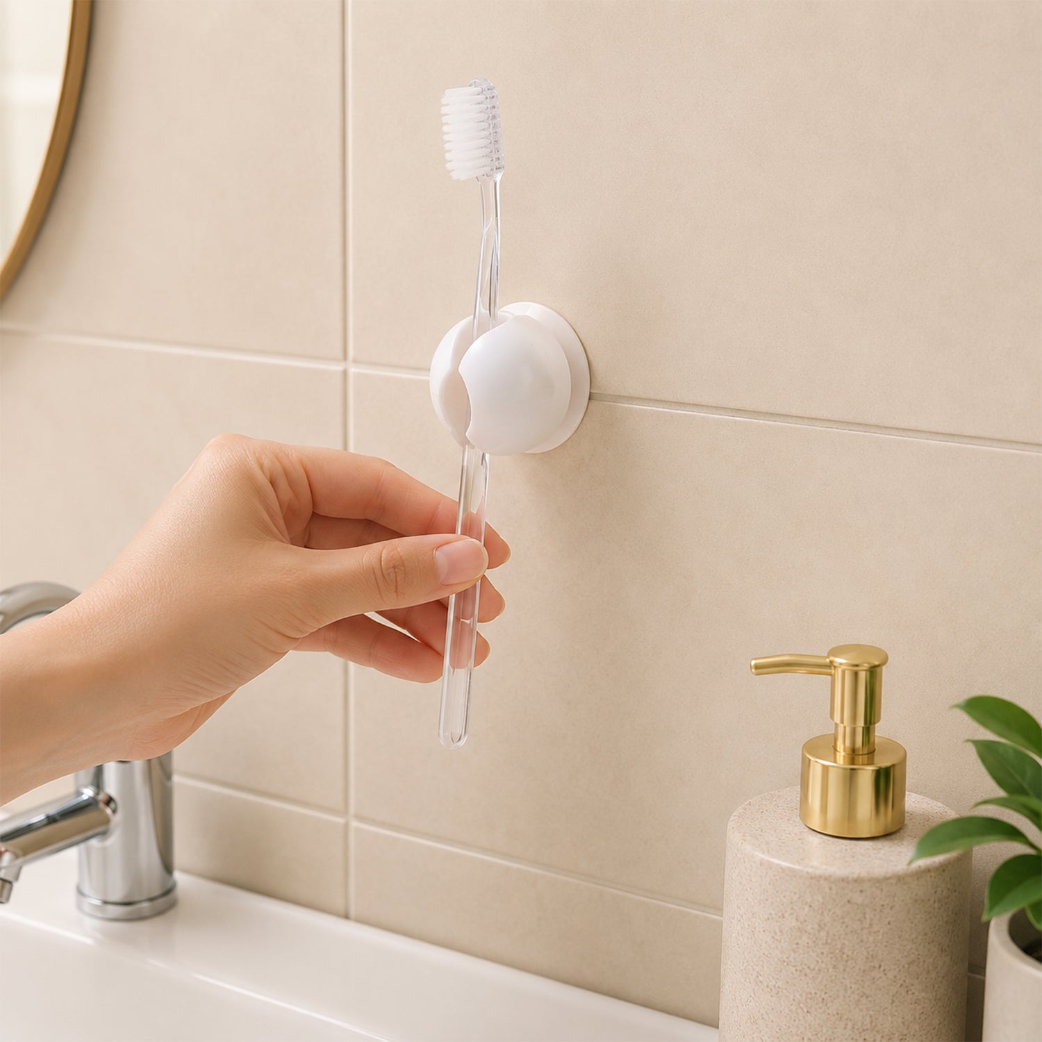 A hand placing a clear toothbrush into a white wall-mounted holder above a sink with a gold soap dispenser.
