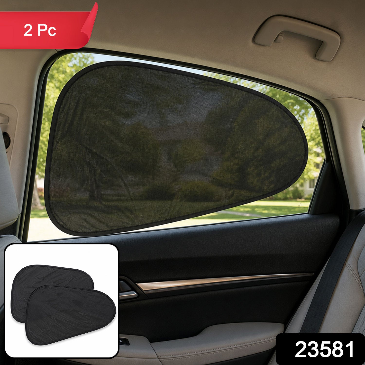 Black mesh sun shade installed on a car window, with a red banner indicating '2 Pc' and a number '23581'.