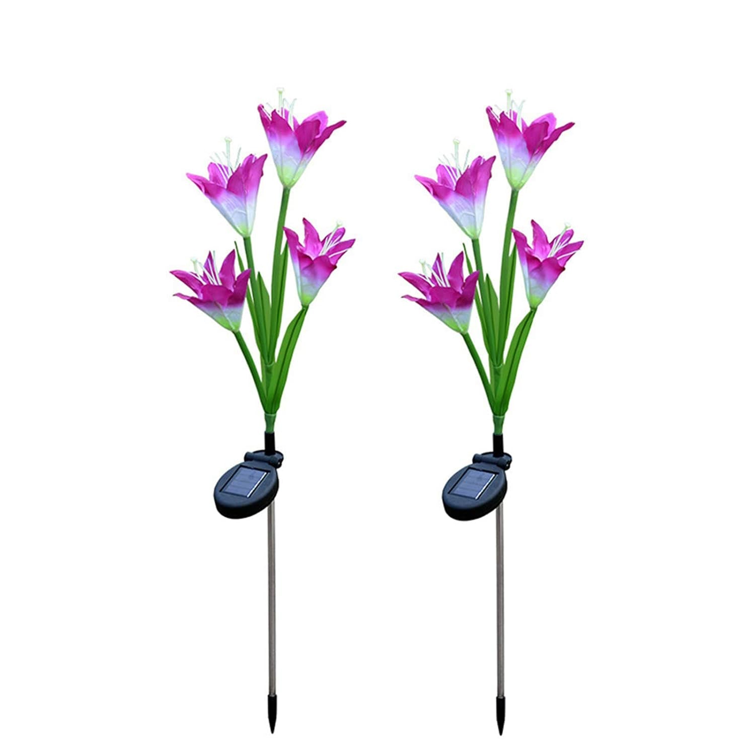 Two purple and white solar flower stake lights are displayed upright on a white background.
