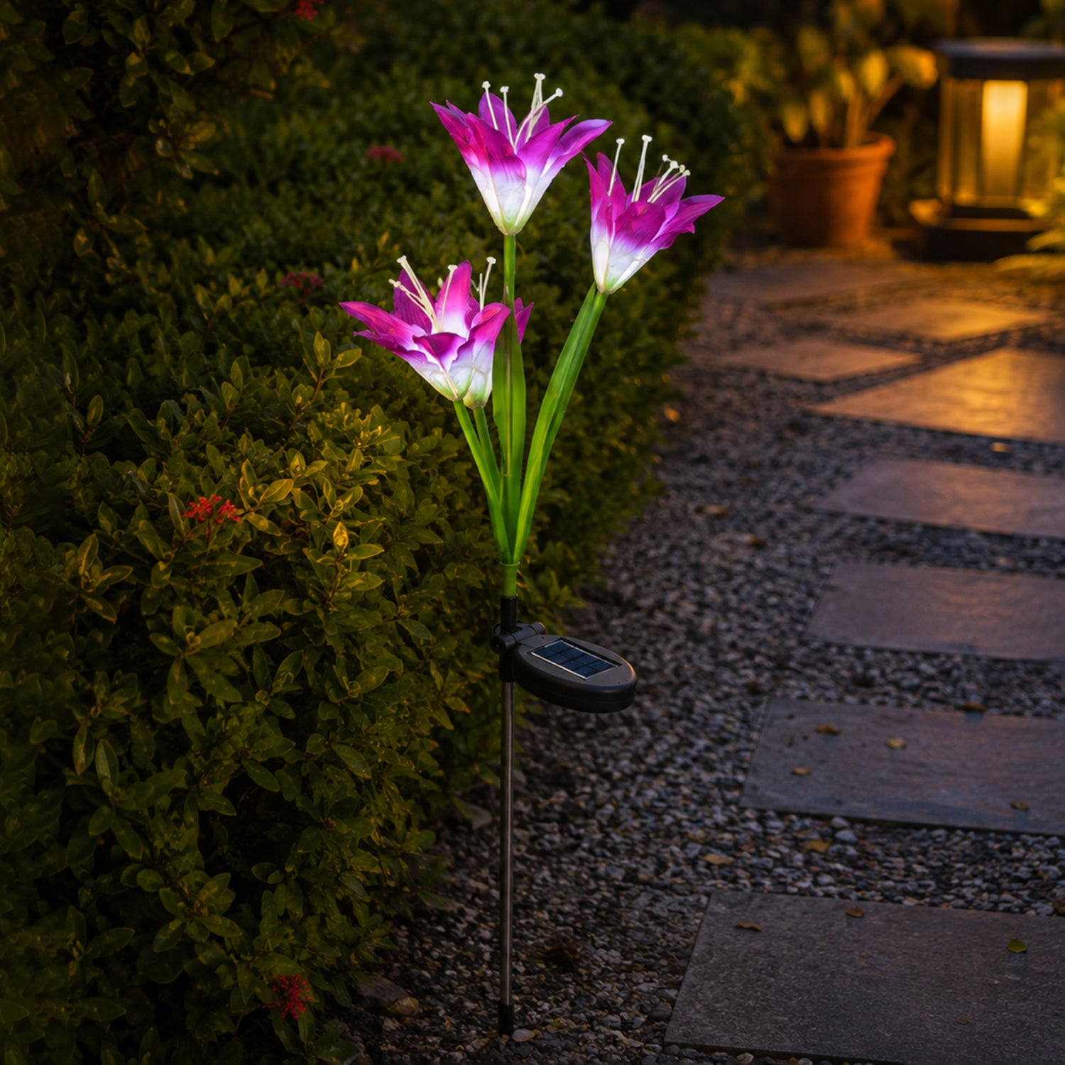 A single purple and white solar flower stake light illuminates a garden pathway at dusk. â€“ view 8