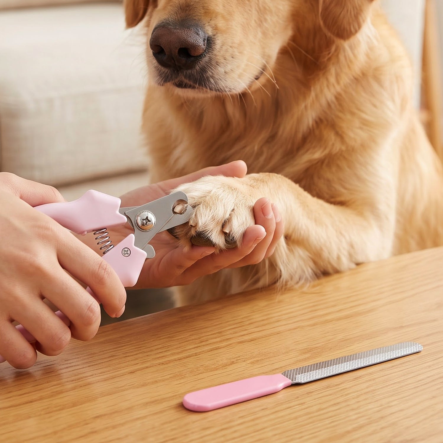 A person's hands using the pink nail clipper on a golden retriever's paw, with the filer on the table.