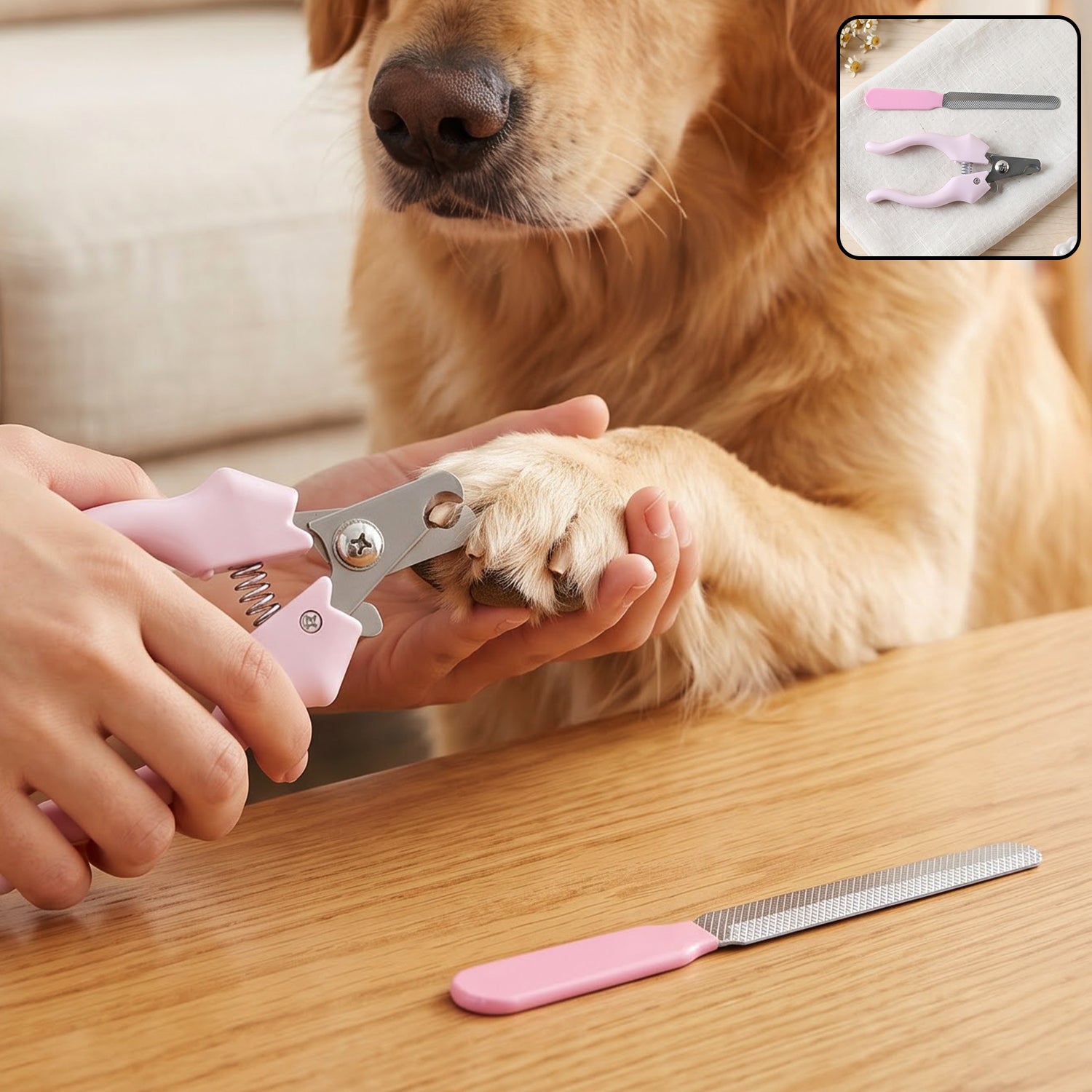 A person's hands hold pink pet nail clippers to trim a golden retriever's paw, with a pink nail filer on the table, â€“ view 3