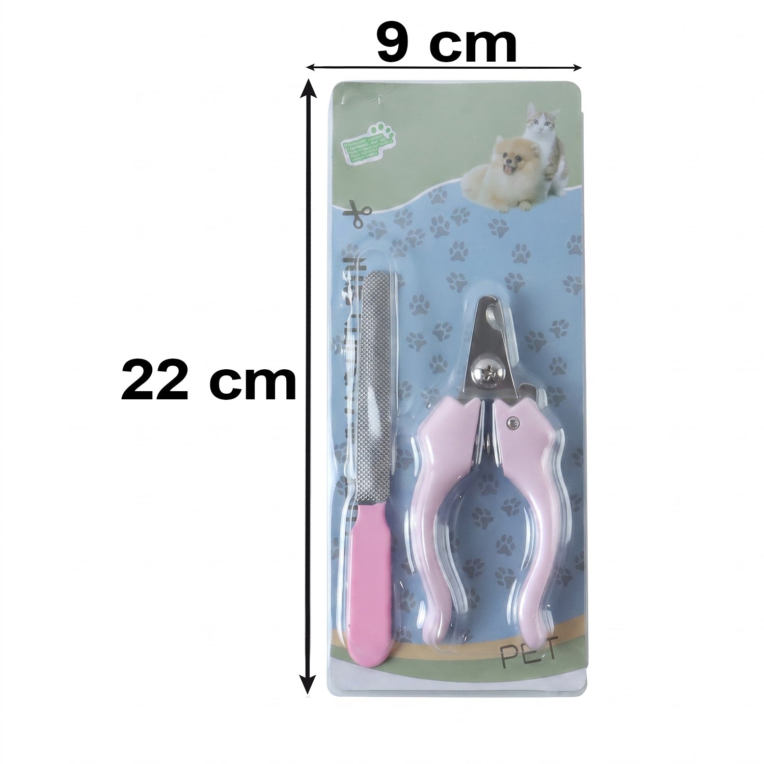 Pink pet nail clipper and filer set in blister packaging with dimensions 22 cm by 9 cm.