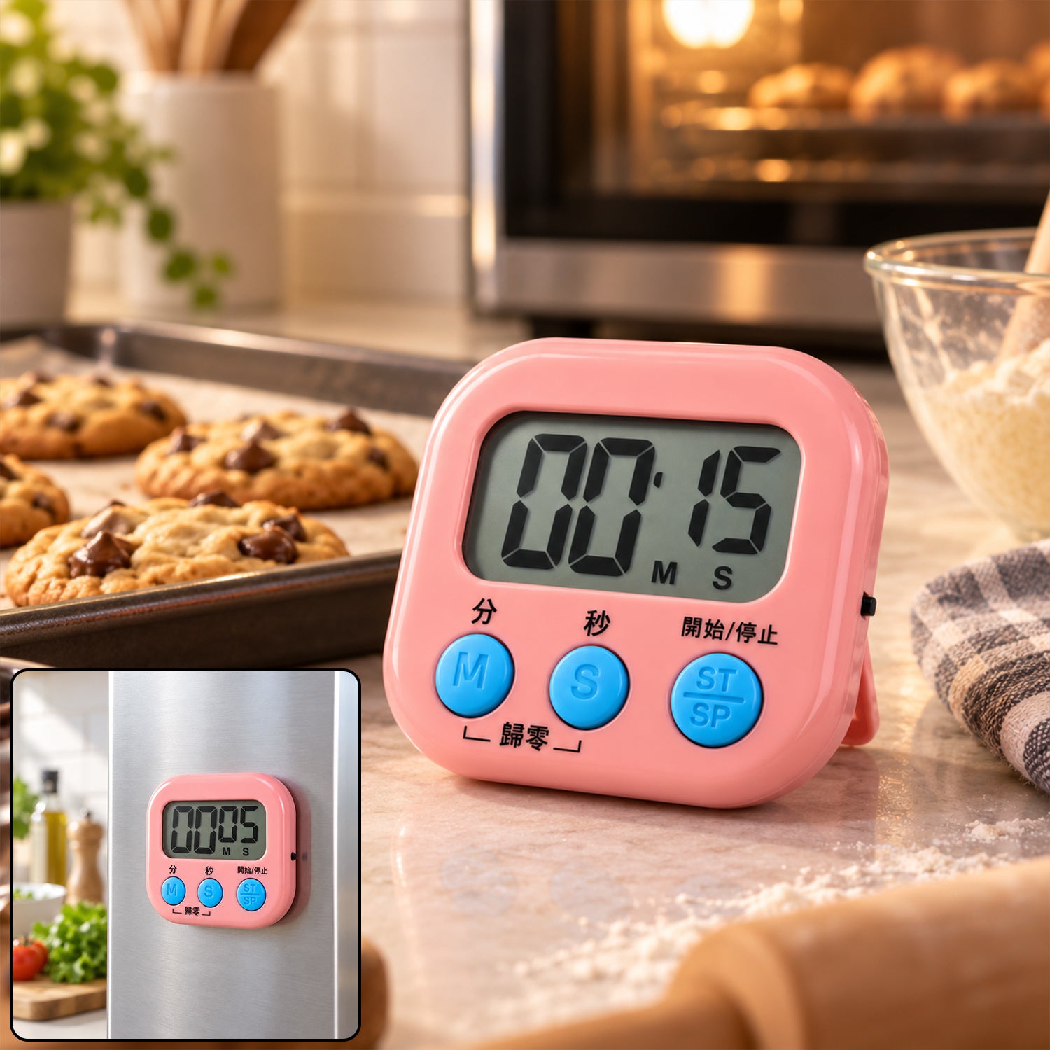 Digital kitchen timer with clear LCD display and white casing