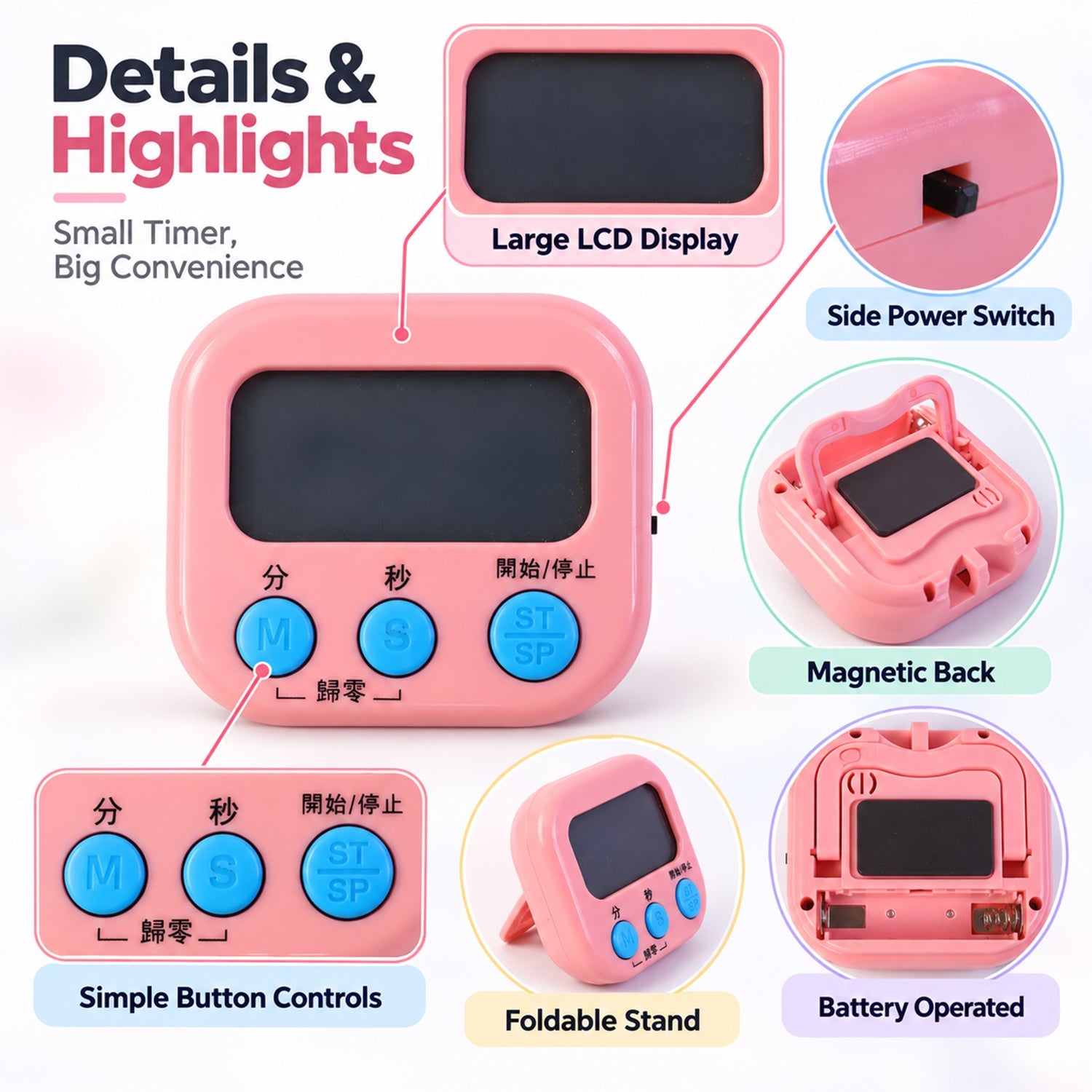 Digital kitchen timer standing on its foldable support