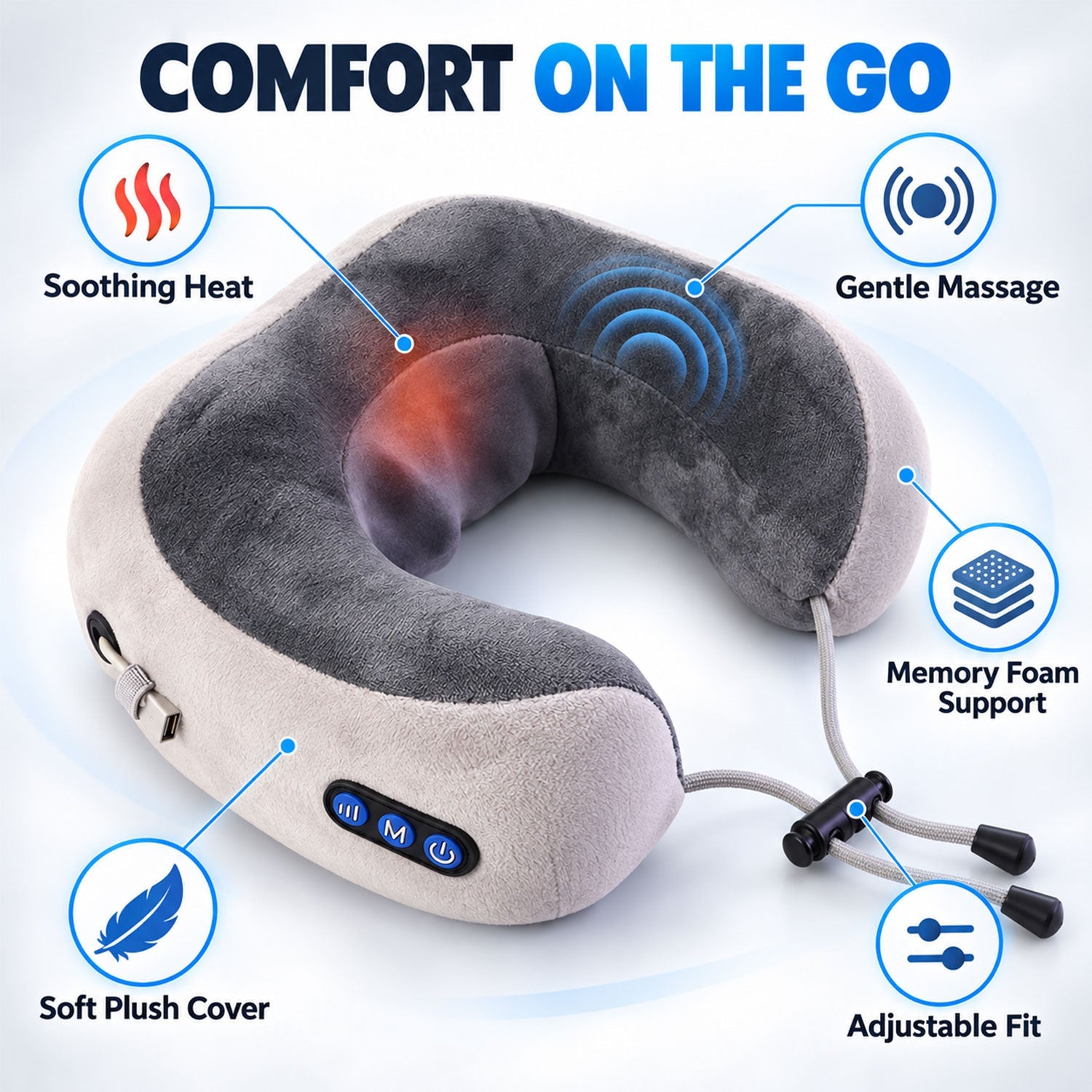 A grey and white U-shaped neck massage pillow with heat, massage, memory foam, plush cover, and adjustable fit features