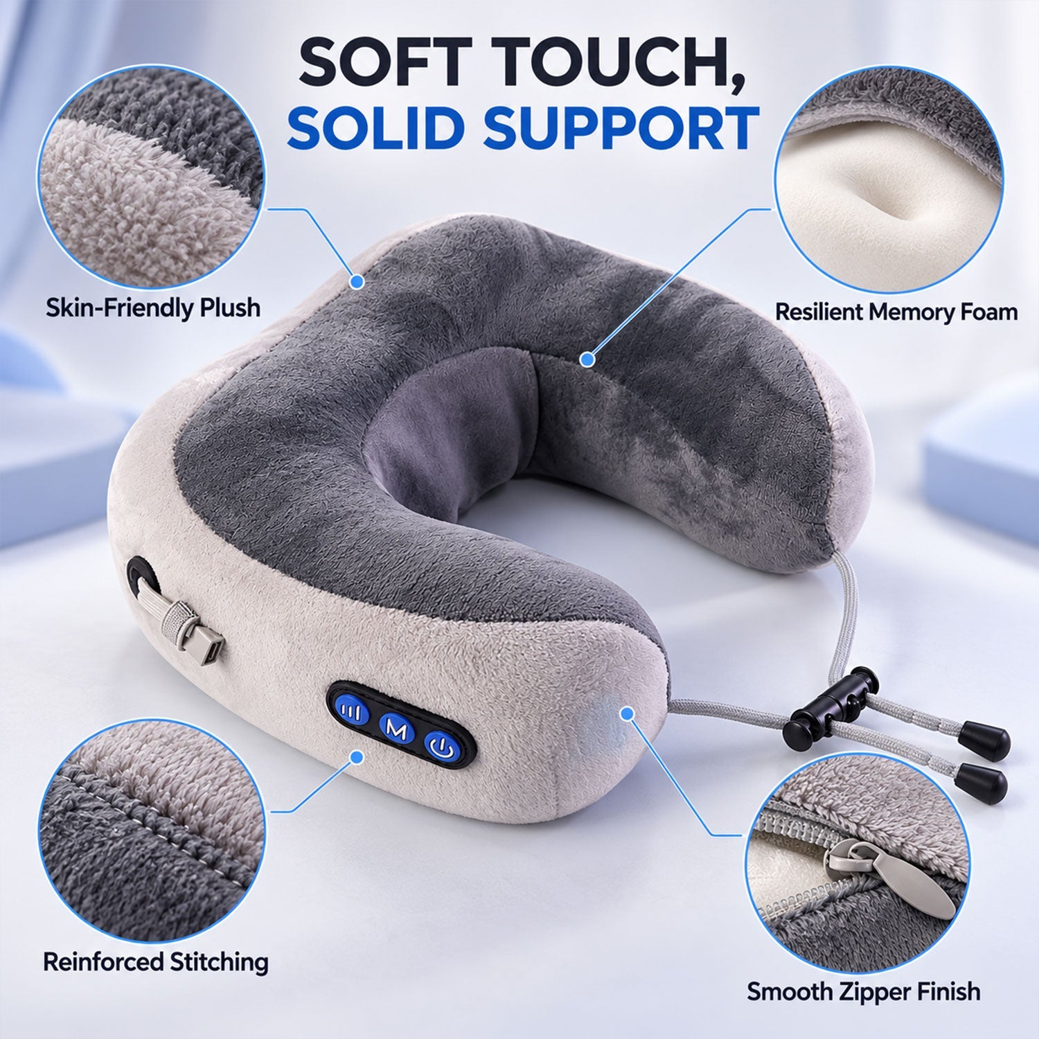 A grey and white U-shaped neck massage pillow with callouts for skin-friendly plush, memory foam, reinforced stitching, and