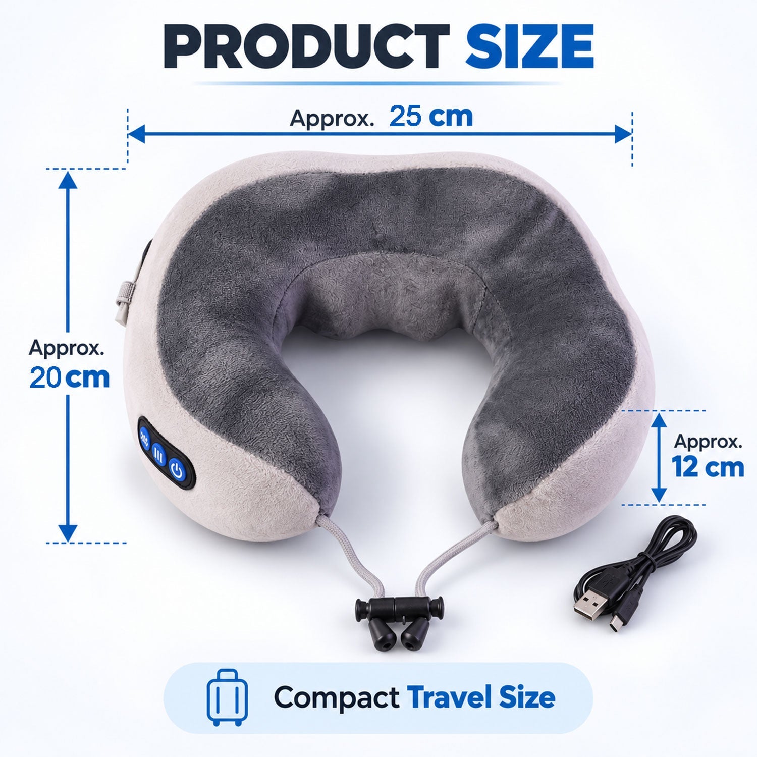 A grey and white U-shaped neck massage pillow with dimensions of 25cm, 20cm, and 12cm, highlighting its compact travel size.
