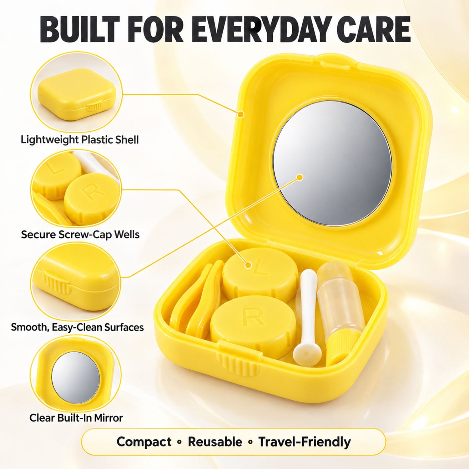 An open yellow contact lens case displays its lightweight plastic shell, secure screw-cap wells, smooth surfaces, and clear