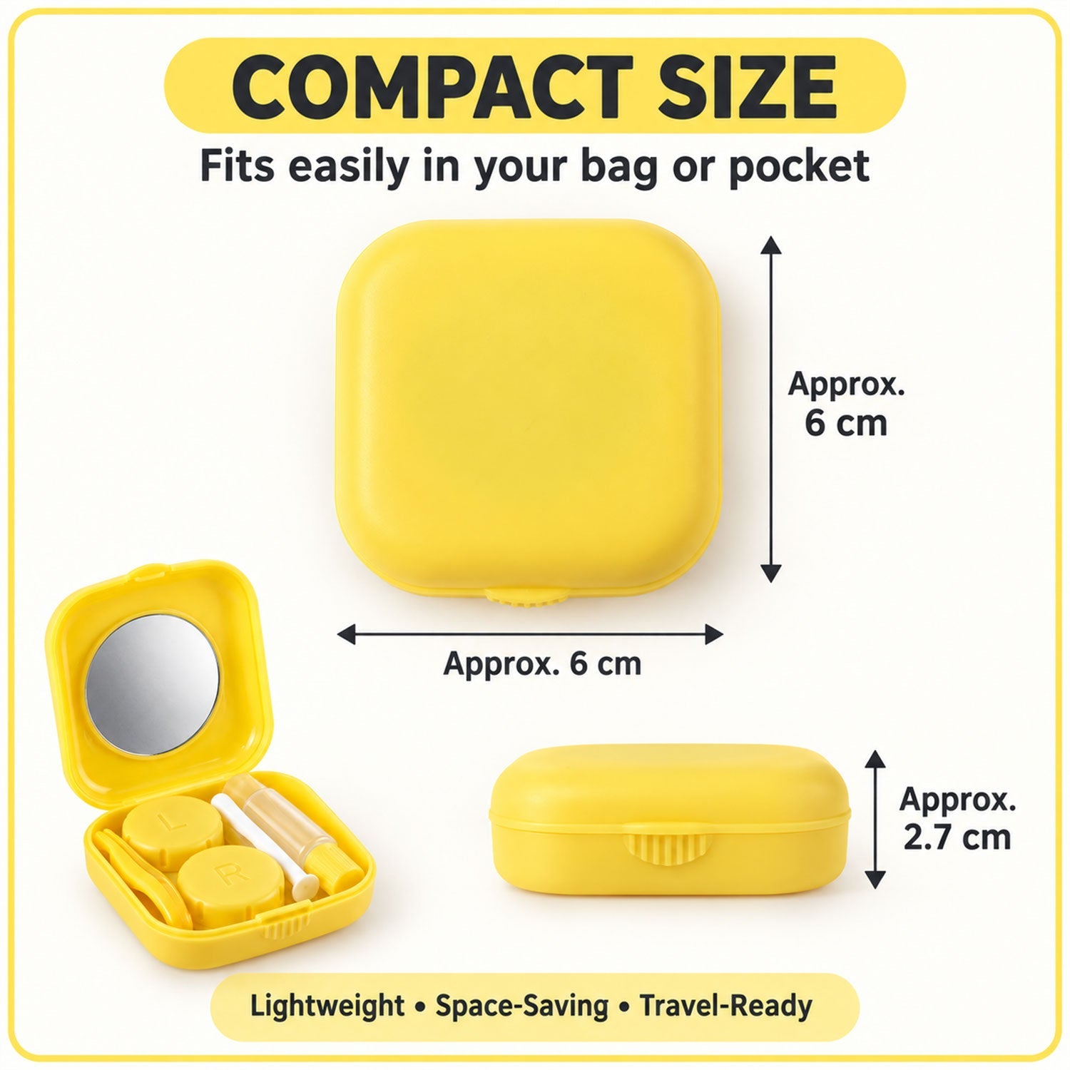 A yellow contact lens case, both open and closed, with dimensions indicating its compact size for travel.