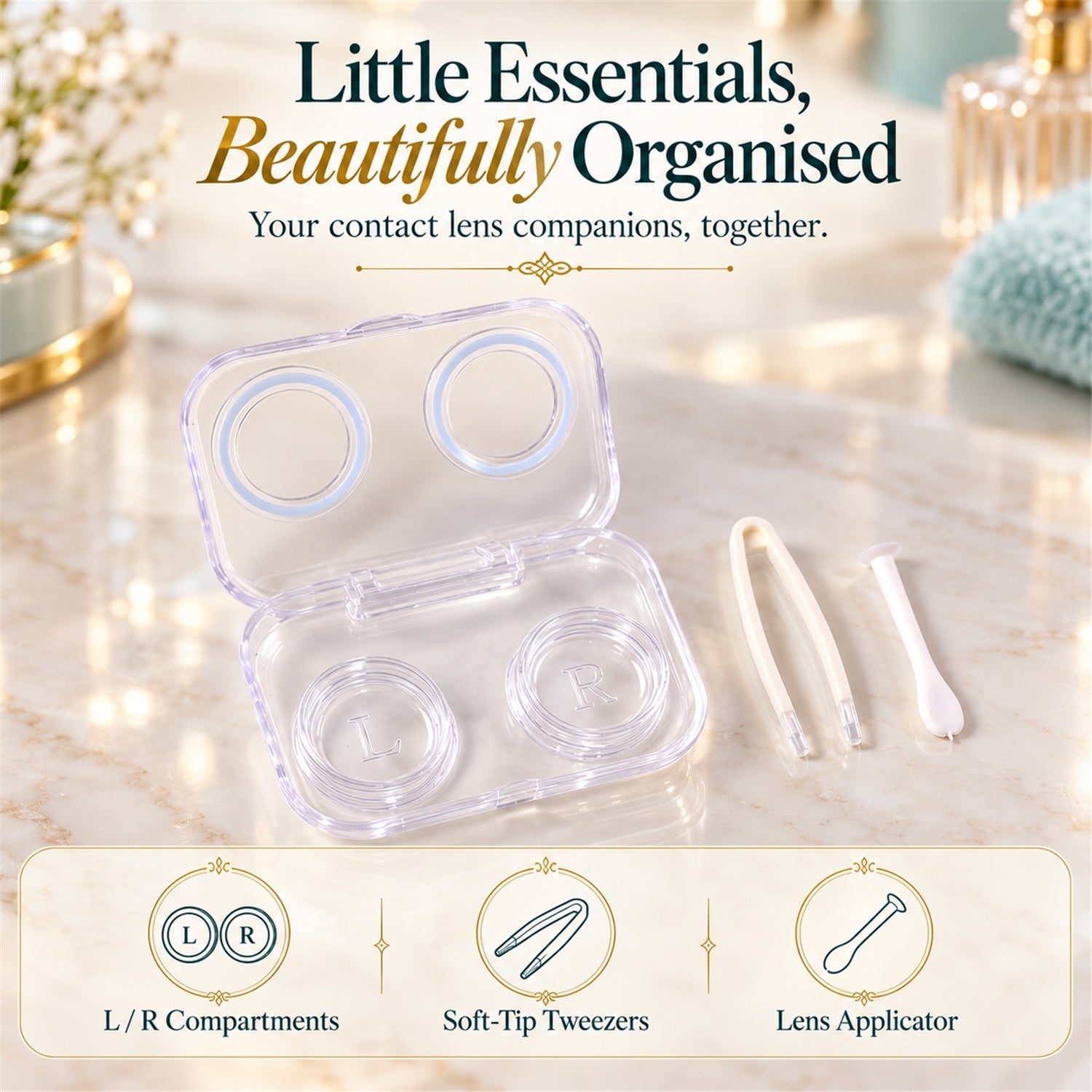 An open clear contact lens case with tools on a vanity, surrounded by text highlighting its features.