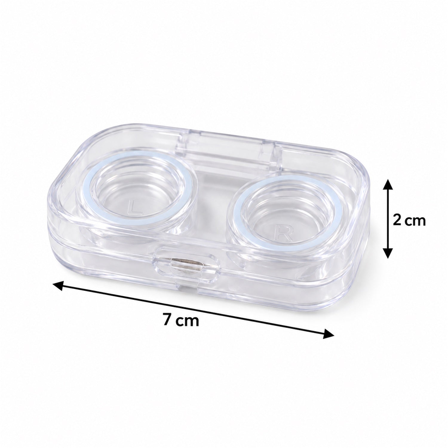A closed clear contact lens case with two compartments, showing dimensions of 7 cm length and 2 cm height.