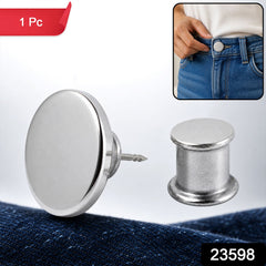 A silver metal button pin and lock on blue fabric with a small inset image of a person adjusting jeans.