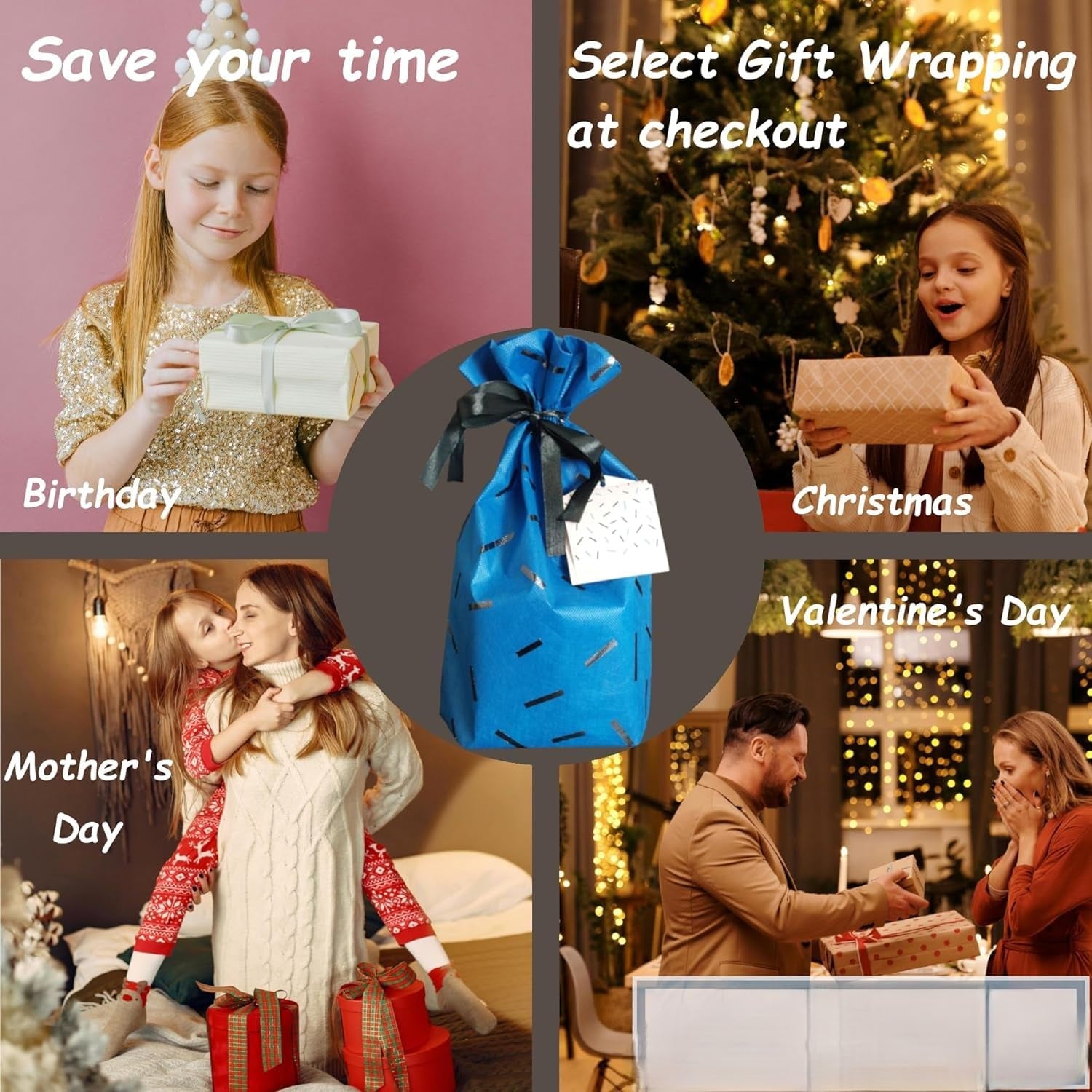 A collage of four images showing people receiving gifts for different occasions, with a blue gift bag in the center.