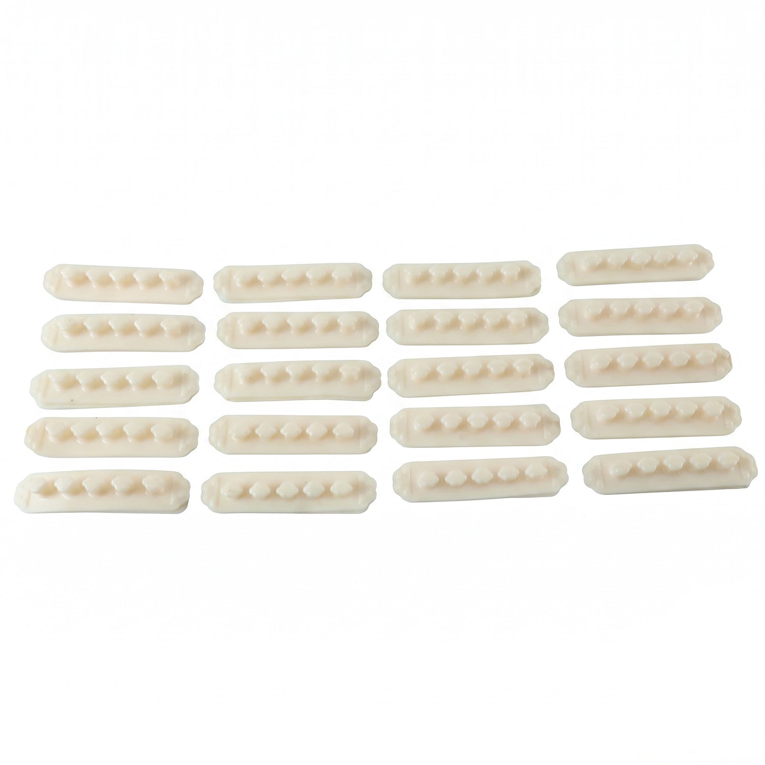 Twenty beige self-adhesive cable organizer clips, each with five flower-shaped holders, arranged in four rows on a white