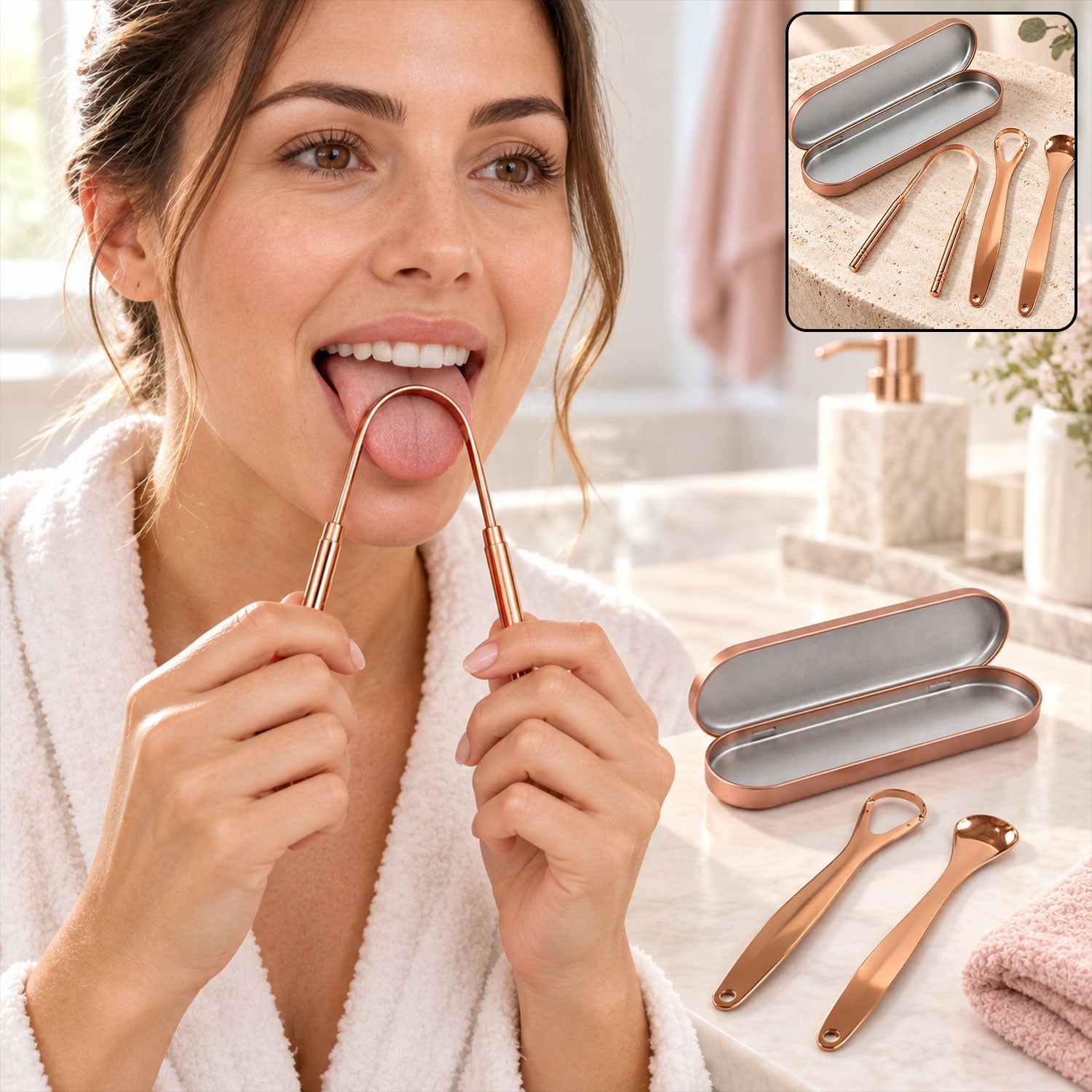 Stainless steel tongue cleaner set with travel case - daily use display