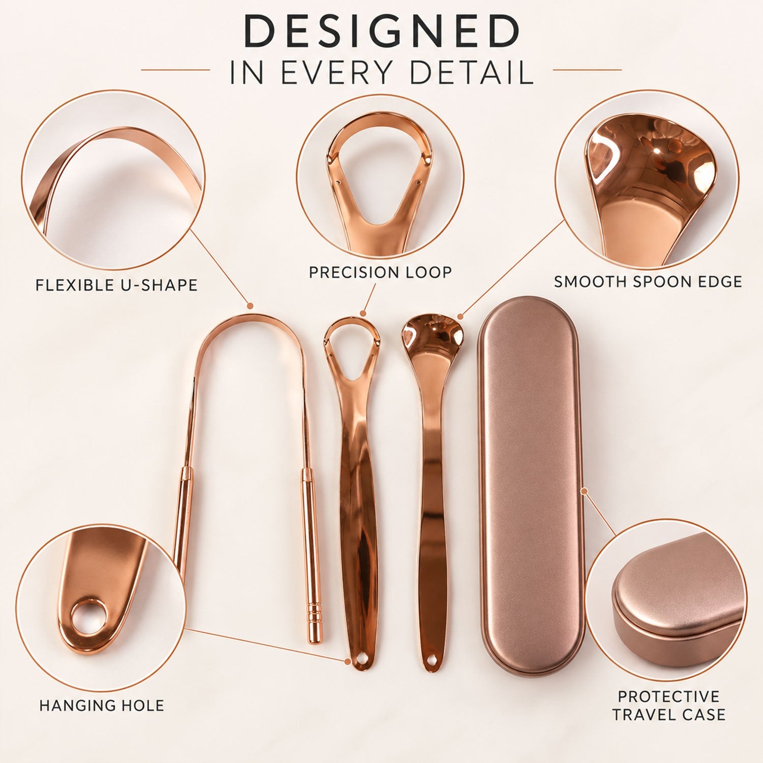 Stainless steel tongue cleaner set with travel case - three scraper designs