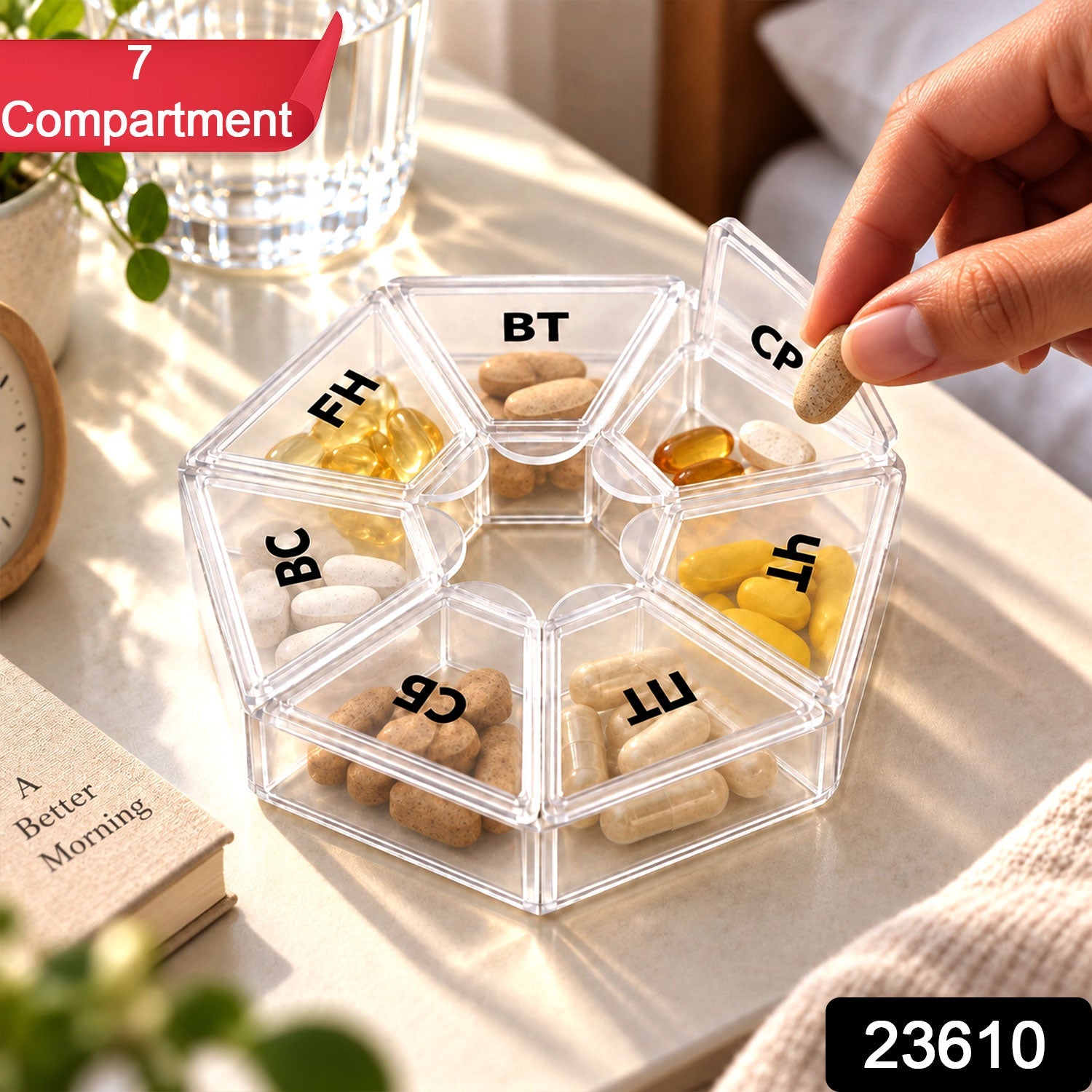 A hand places a beige pill into a clear hexagonal pill organizer, with a red banner indicating 7 compartments.
