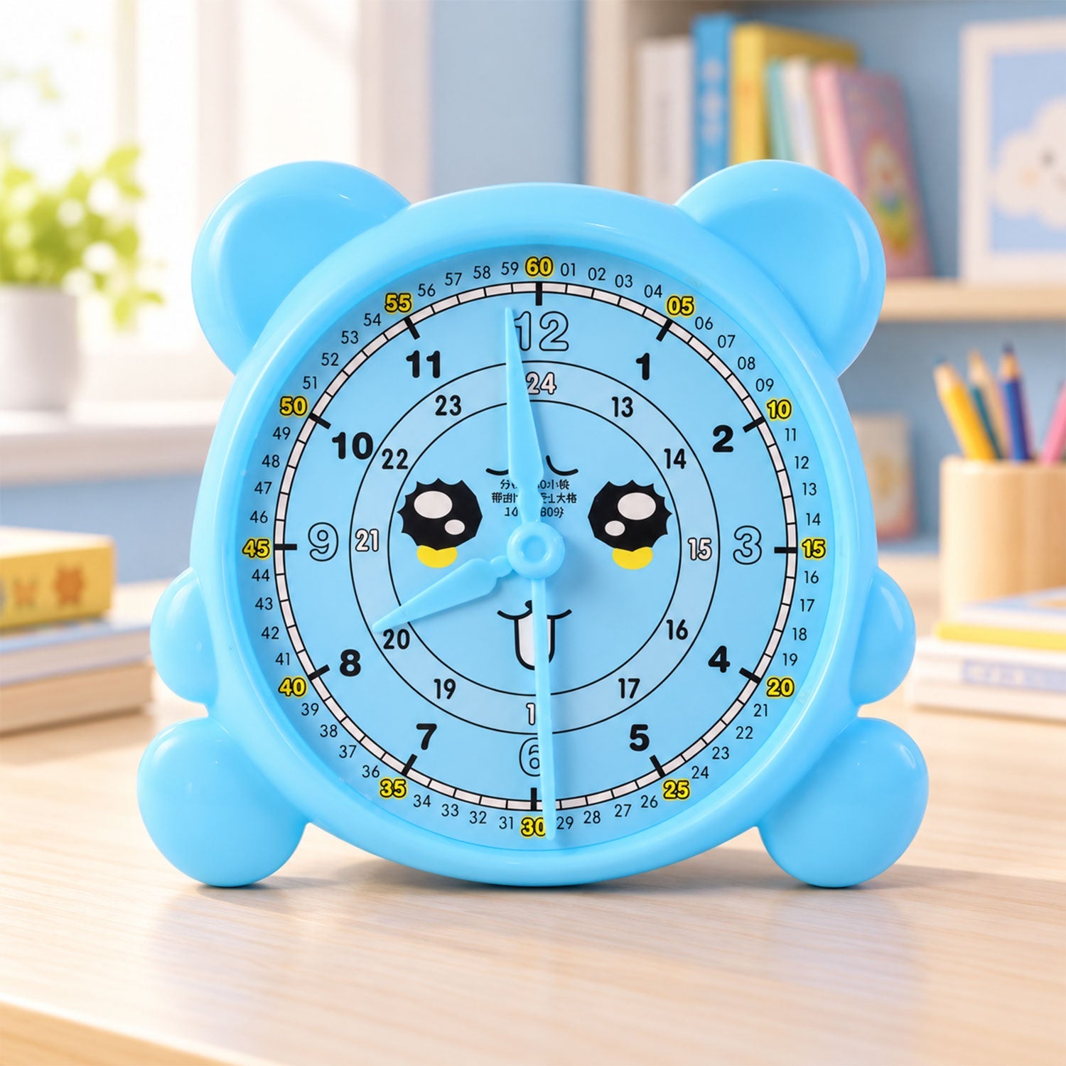 A light blue bear-shaped learning clock with a smiling face and movable hands sits on a wooden desk.