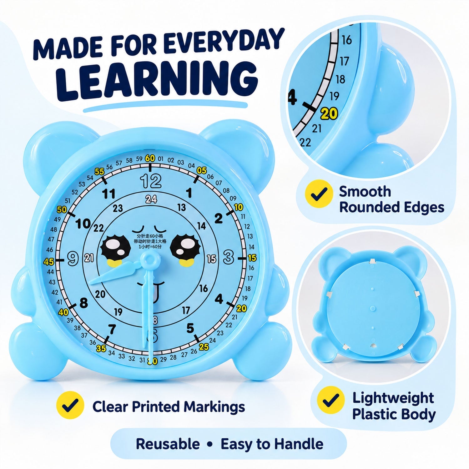 A light blue learning clock with a smiling face, showing details like smooth edges and a lightweight plastic body.