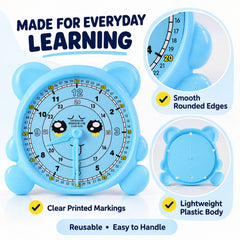 A light blue learning clock with a smiling face, showing details like smooth edges and a lightweight plastic body.