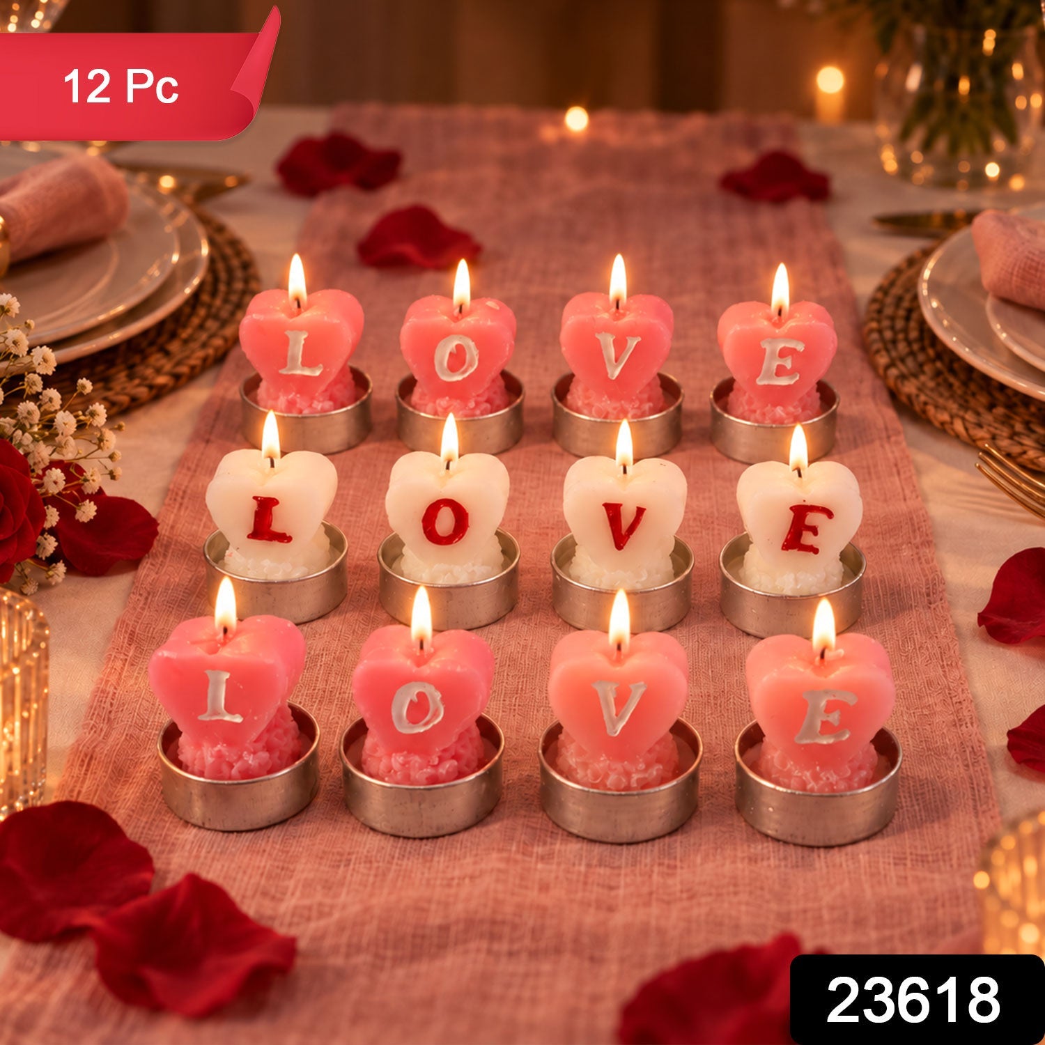 A dozen heart-shaped tealight candles, some pink with white letters, some white with red letters, on a table with petals.