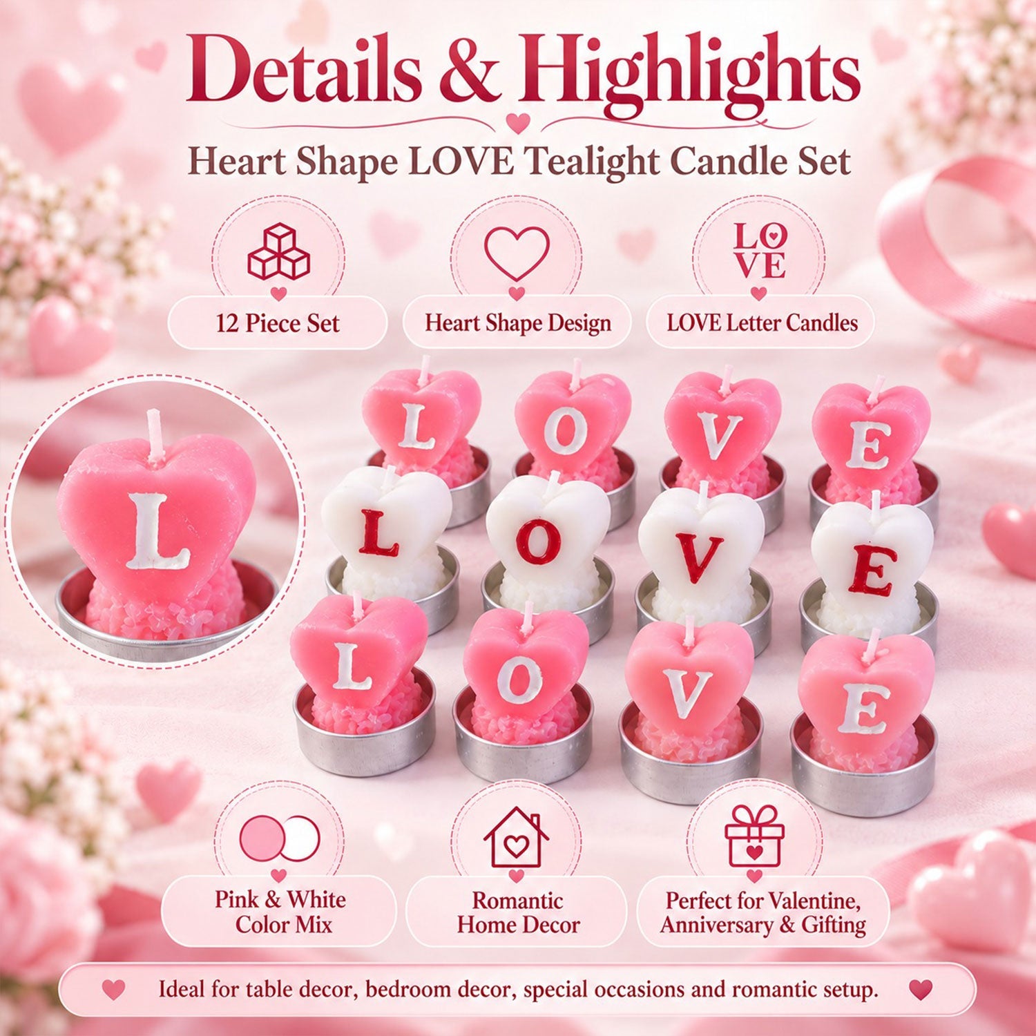 A close-up of twelve heart-shaped tealight candles, pink and white, each with a raised letter spelling LOVE.