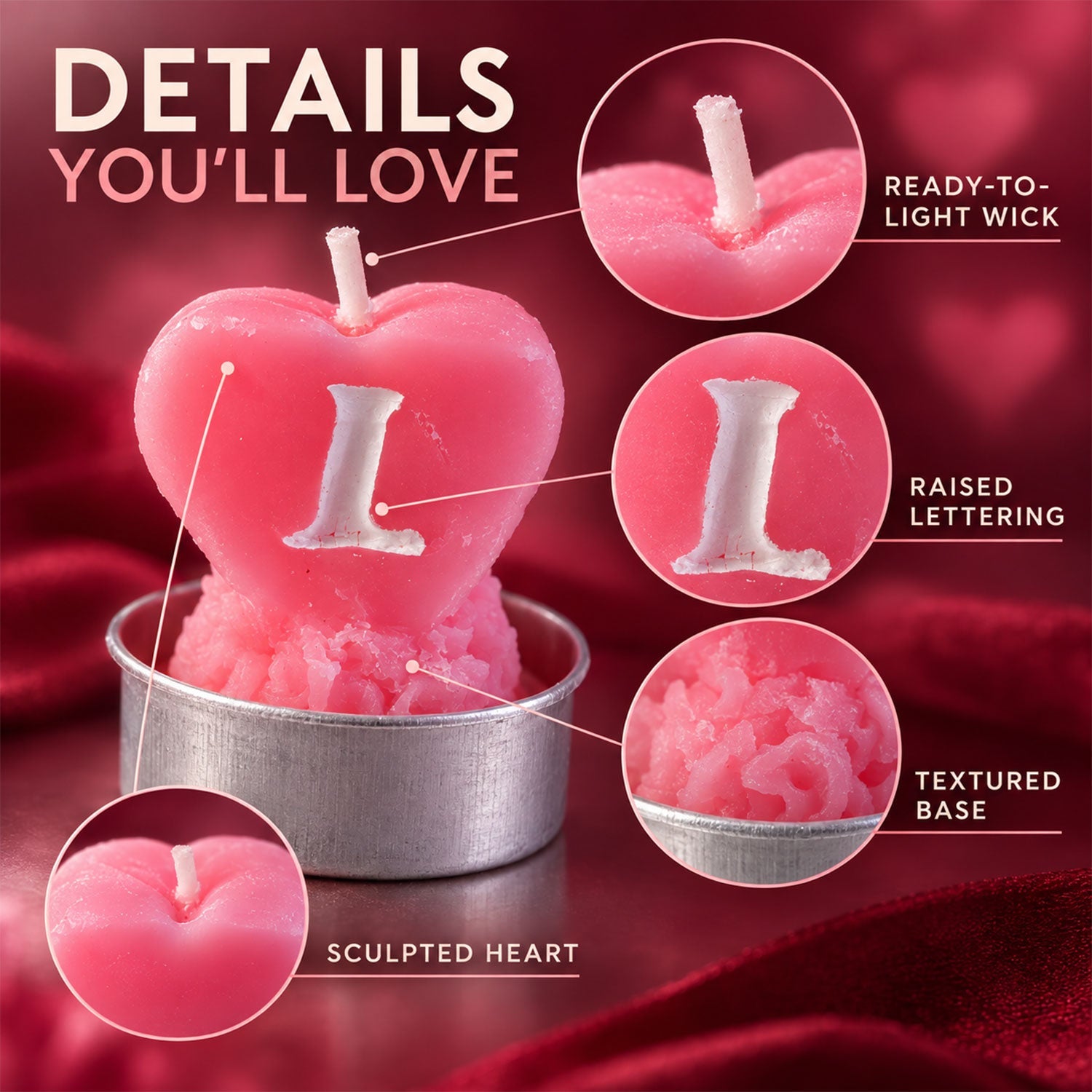 A detailed view of a pink heart-shaped candle with a white letter L, showing its wick, texture, and metal cup.