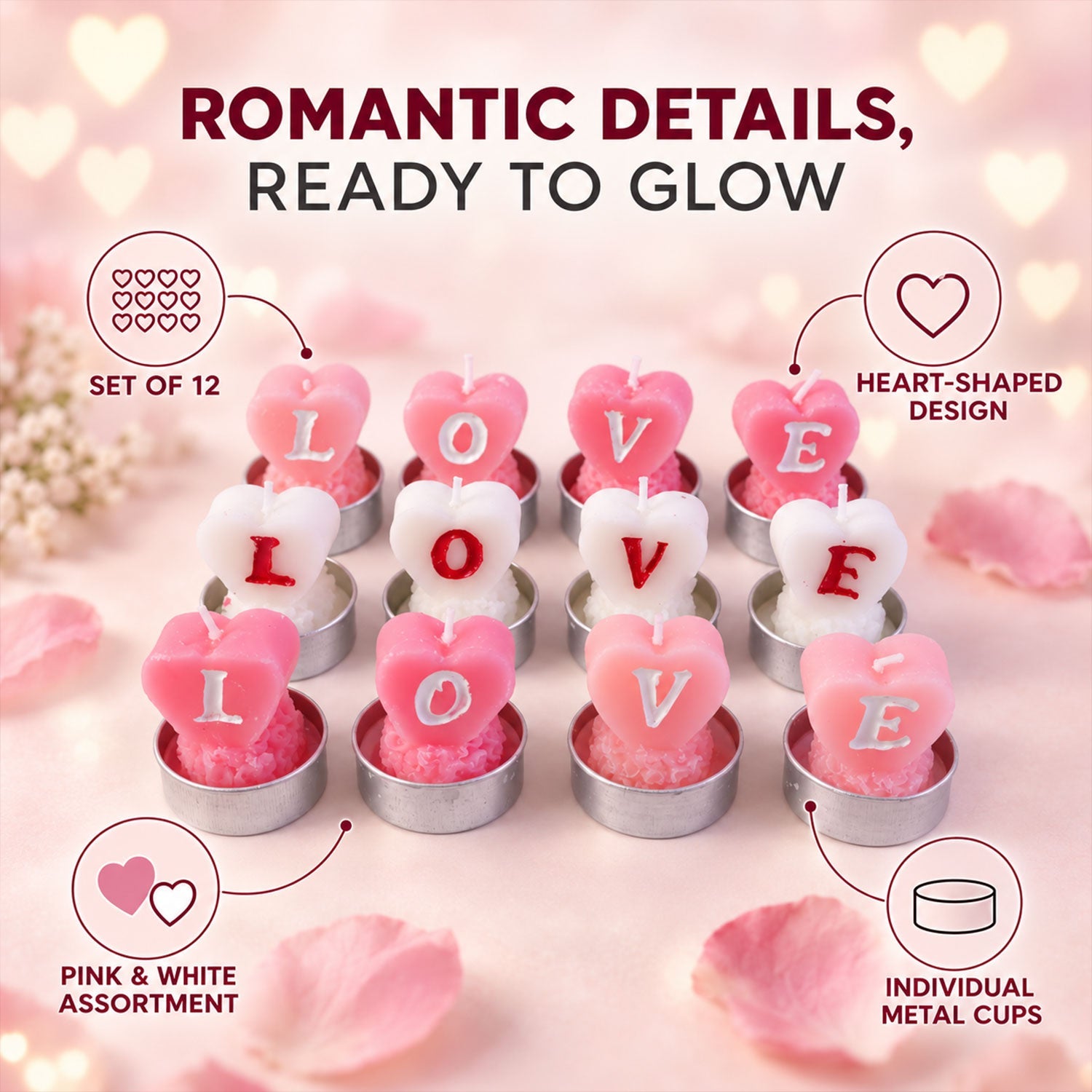 A set of twelve heart-shaped tealight candles in pink and white, spelling LOVE, displayed on a pink surface with petals.