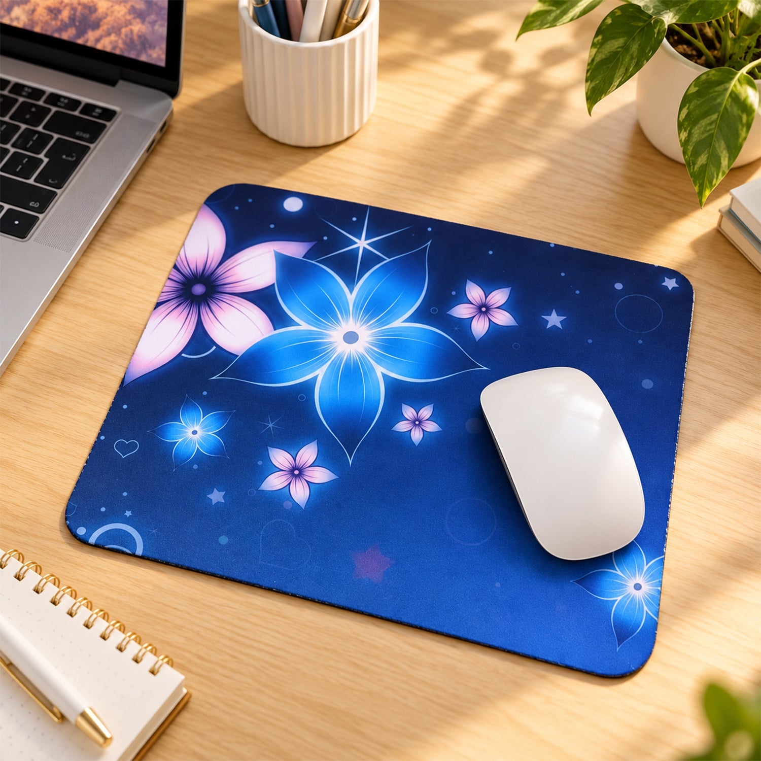 Blue floral mouse pad - computer setup