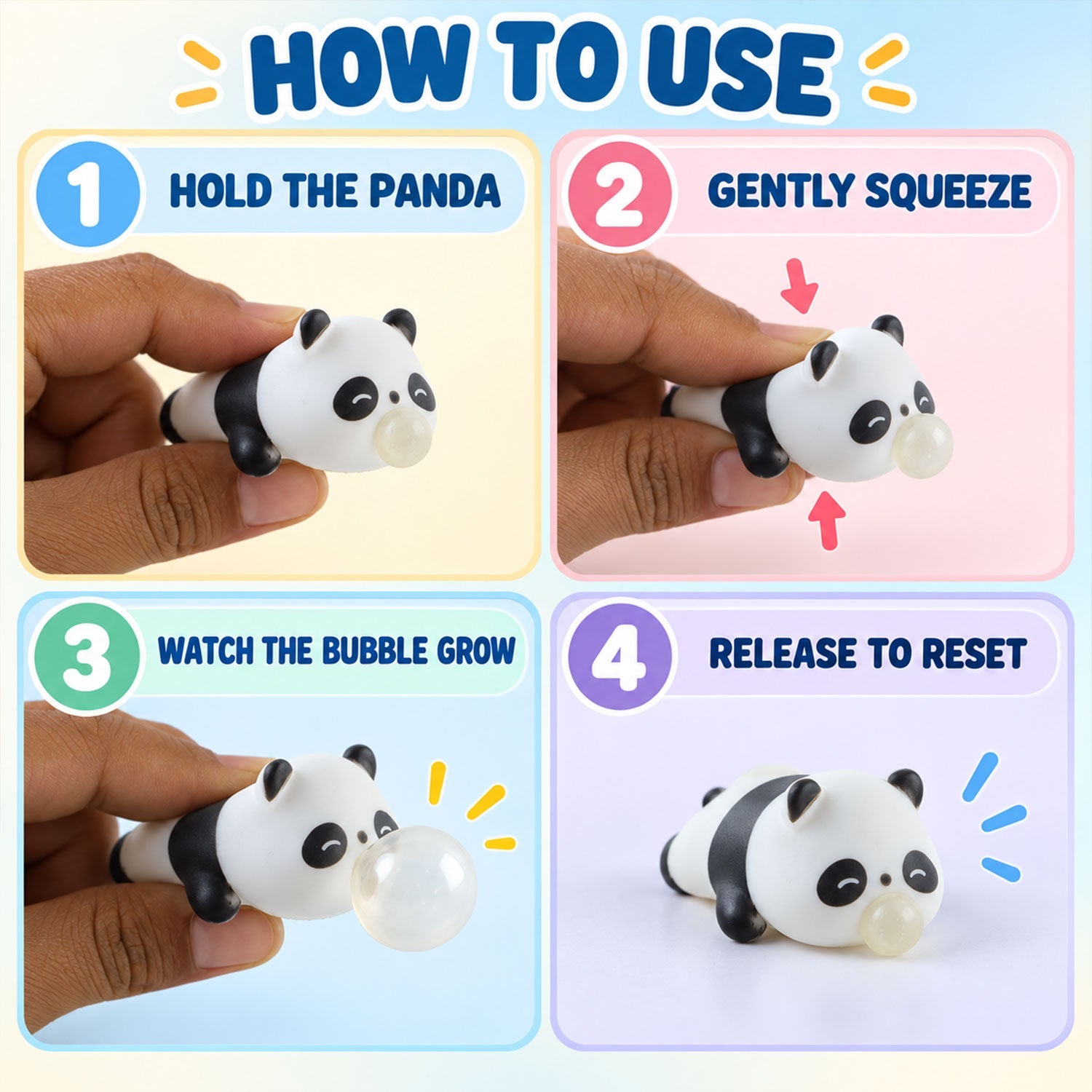 Four images demonstrate how to use the panda toy: hold, squeeze, watch bubble grow, and release to reset.