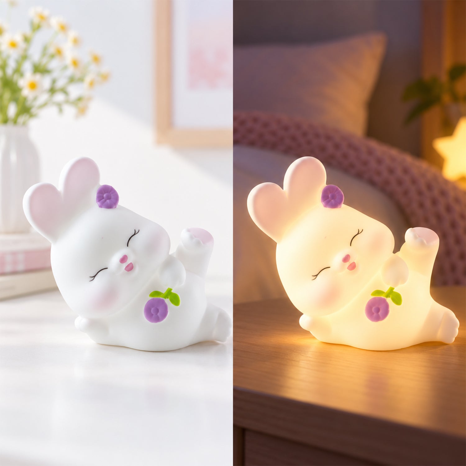 Reclining rabbit night light with warm glow on a bedside table